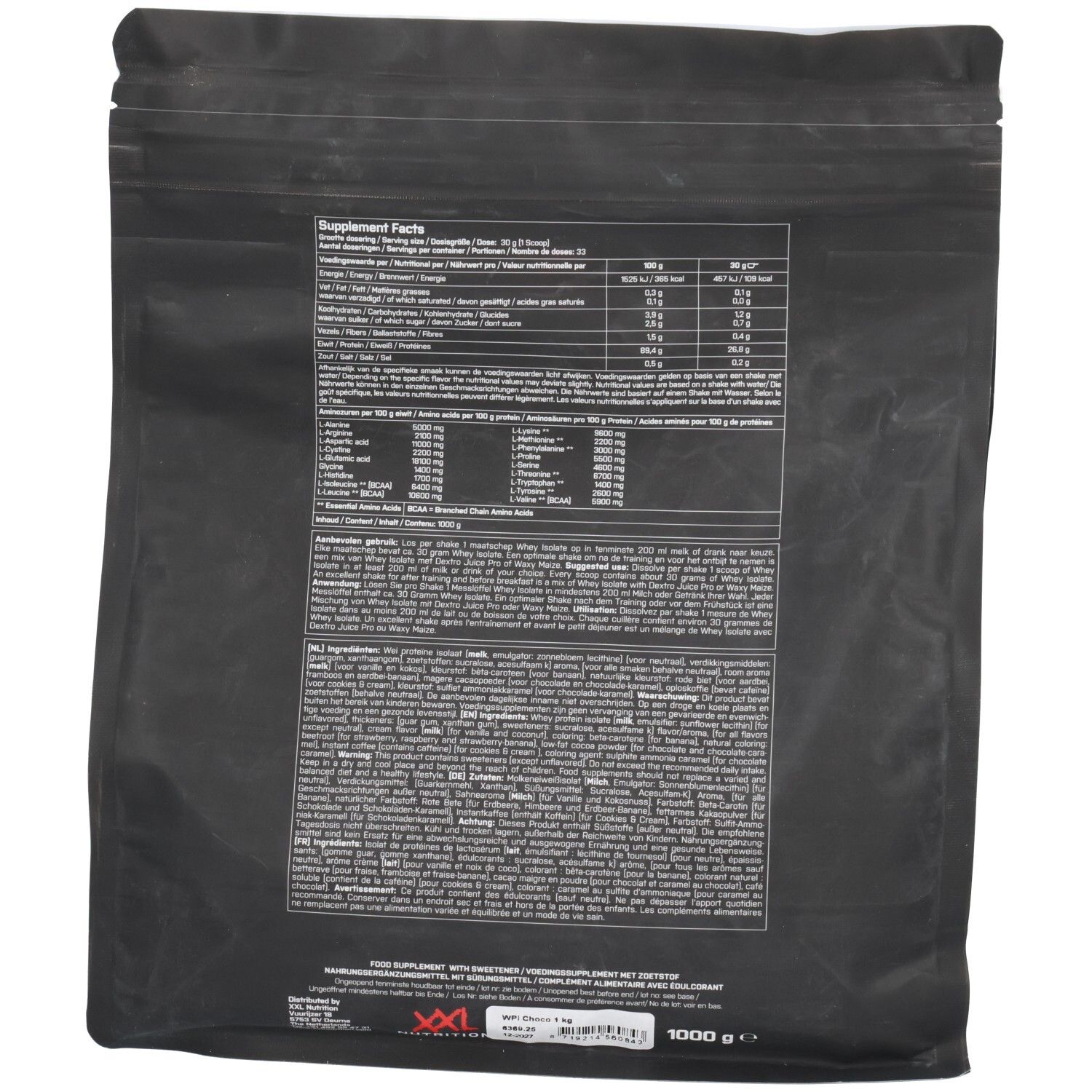 Rückseite eines schwarzen Beutels mit Nährwertangaben und Inhaltsstoffen. Text: Supplement Facts, Zutaten, Nährwertangaben, 1000 g.