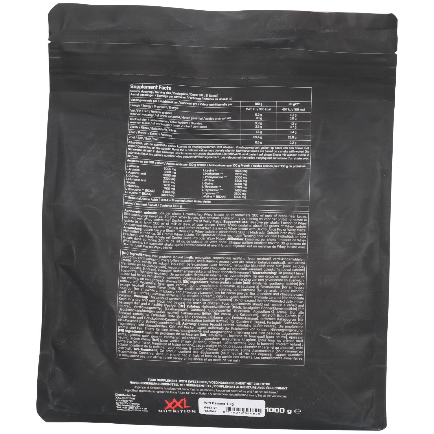 Rückseite des schwarzen Beutels. Enthält Nährwertangaben und Zutatenlisten. Text in mehreren Sprachen. XXL Nutrition Logo unten.