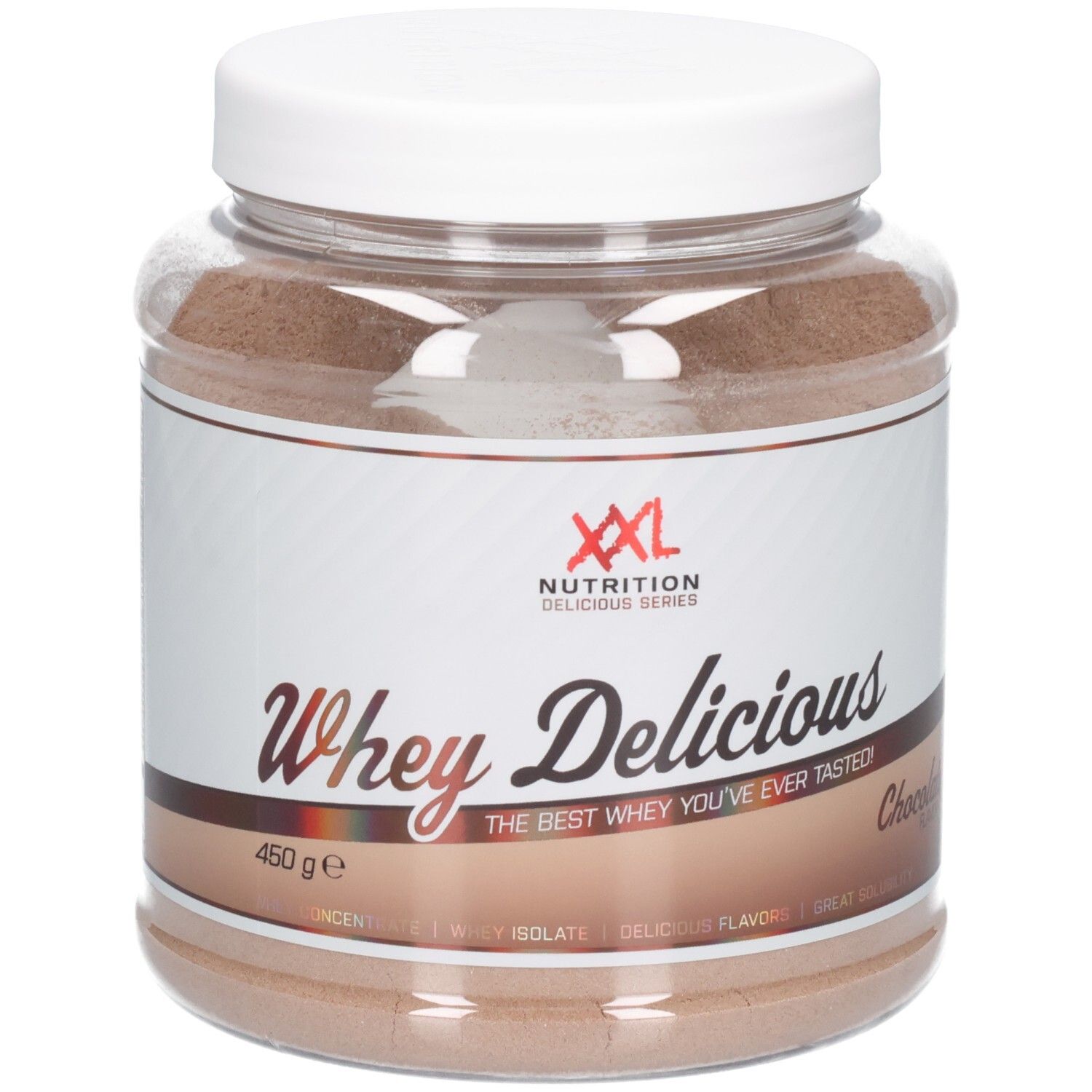 Poudre de protéine Whey Délicieux chocolat dans un pot transparent avec couvercle blanc. Logo XXL Nutrition.