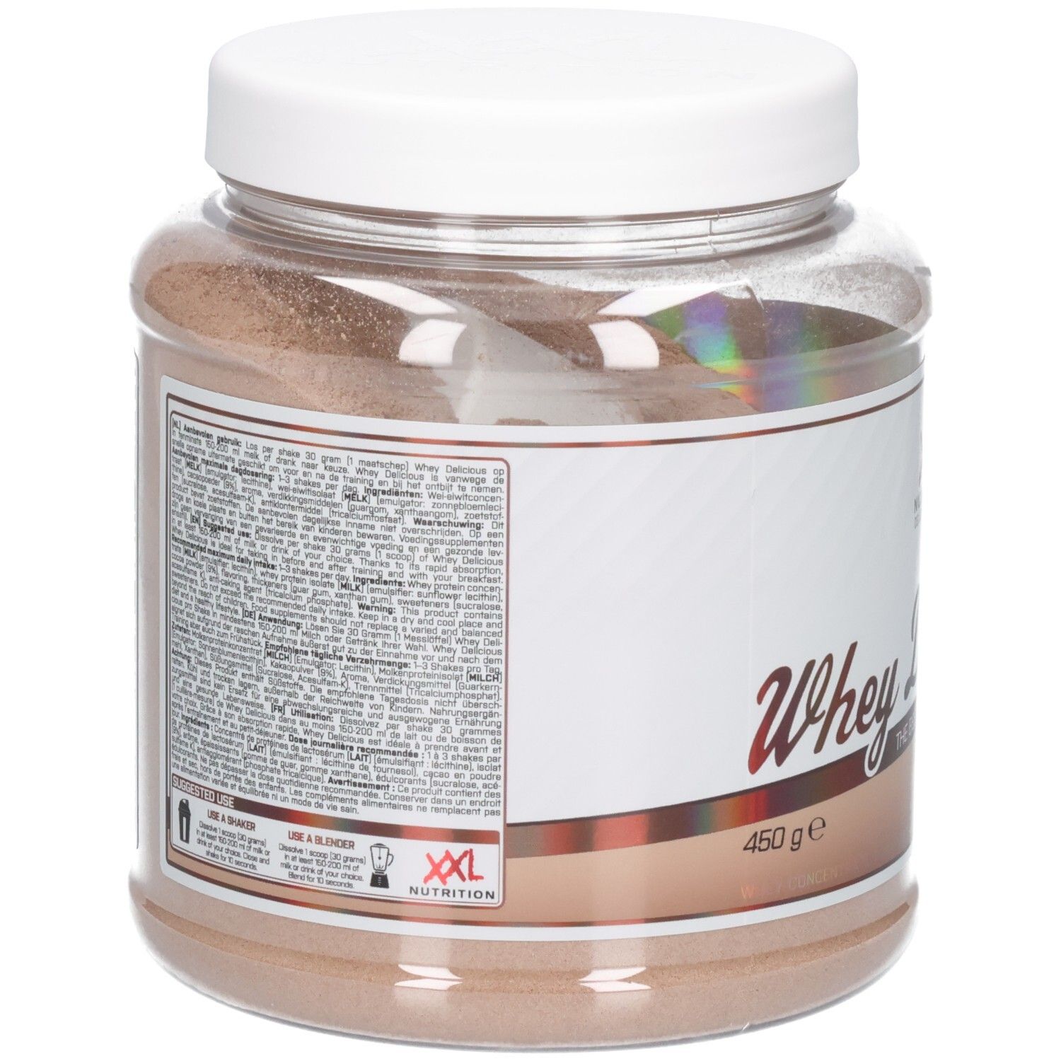 Dos du pot de protéine Whey Délicieux chocolat. Contient des informations nutritionnelles et le logo XXL Nutrition.