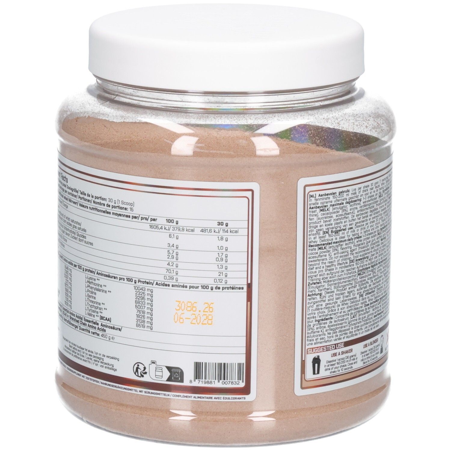 Dos du pot de protéine Whey Délicieux chocolat. Contient informations nutritionnelles, liste d'ingrédients et date de péremption.