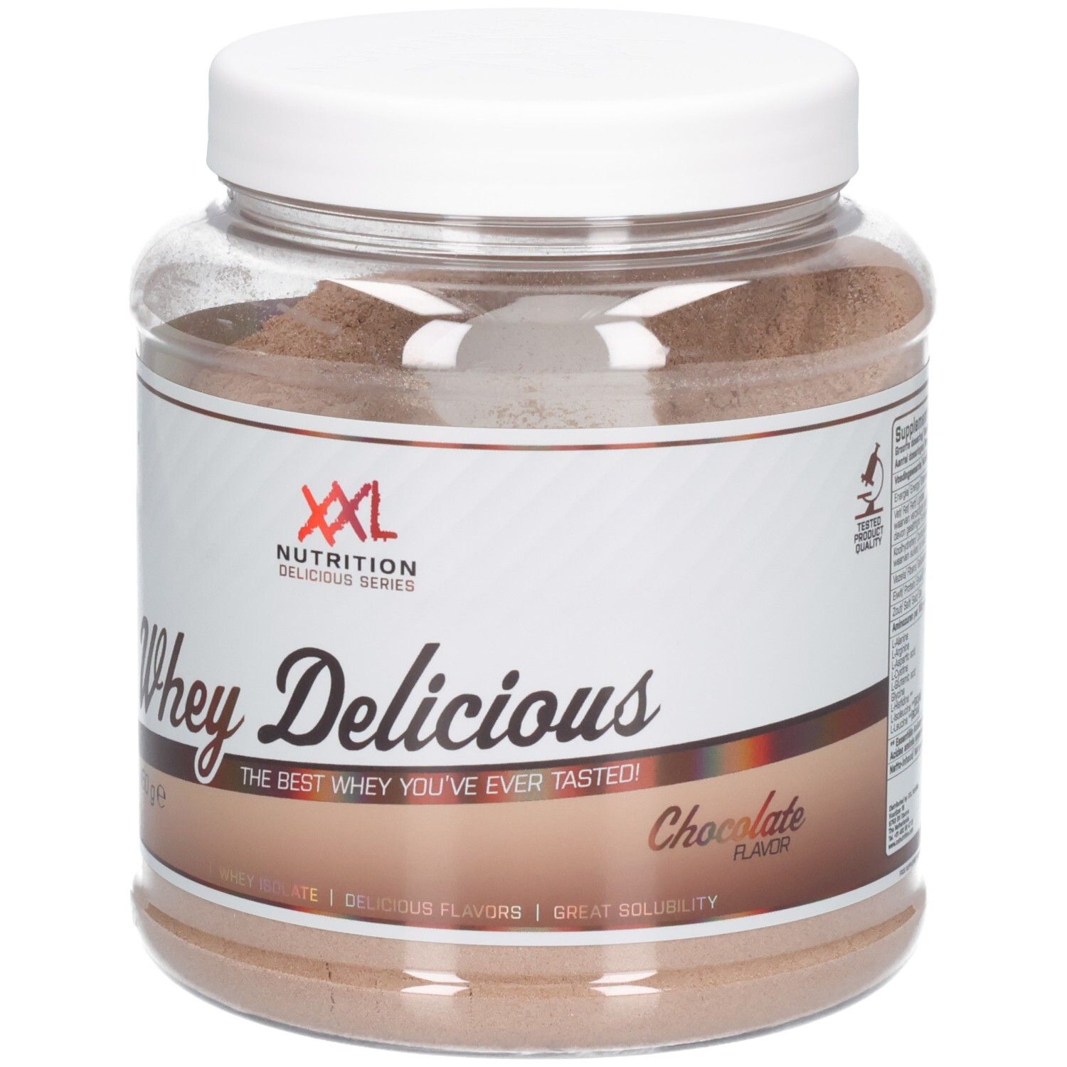 Poudre de protéine Whey Délicieux chocolat dans un pot transparent avec couvercle blanc. Logo XXL Nutrition.