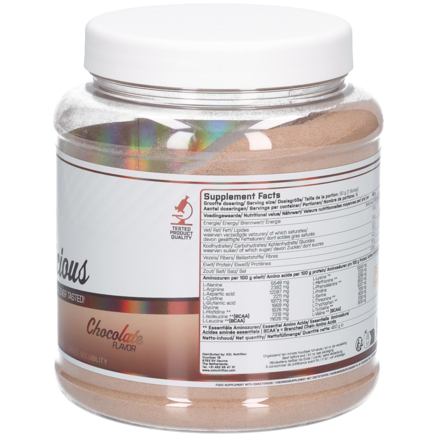 Pot de protéine Whey Délicieux chocolat. Contient des informations nutritionnelles et le logo 'Tested Quality'.