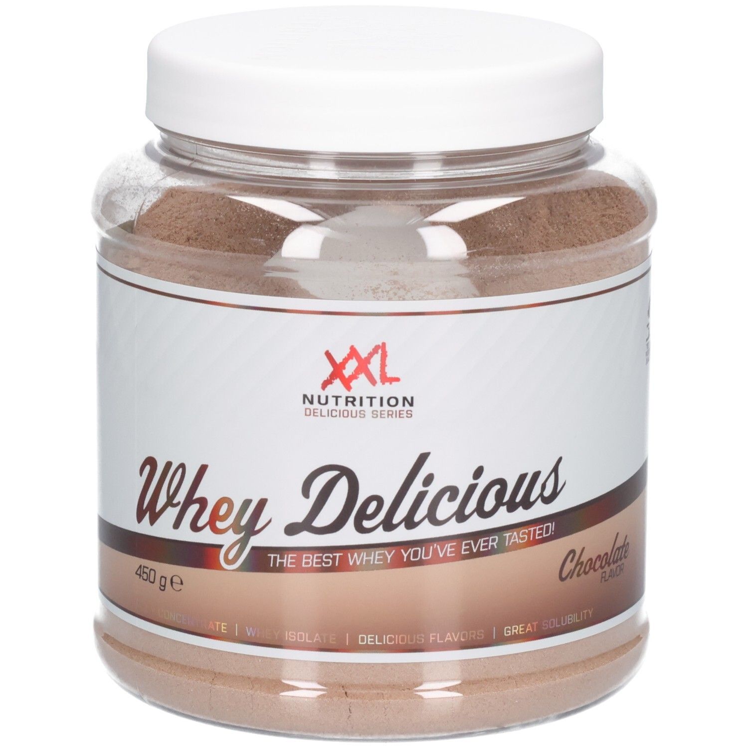 Poudre de protéine Whey Délicieux chocolat dans un pot transparent avec couvercle blanc. Logo XXL Nutrition.