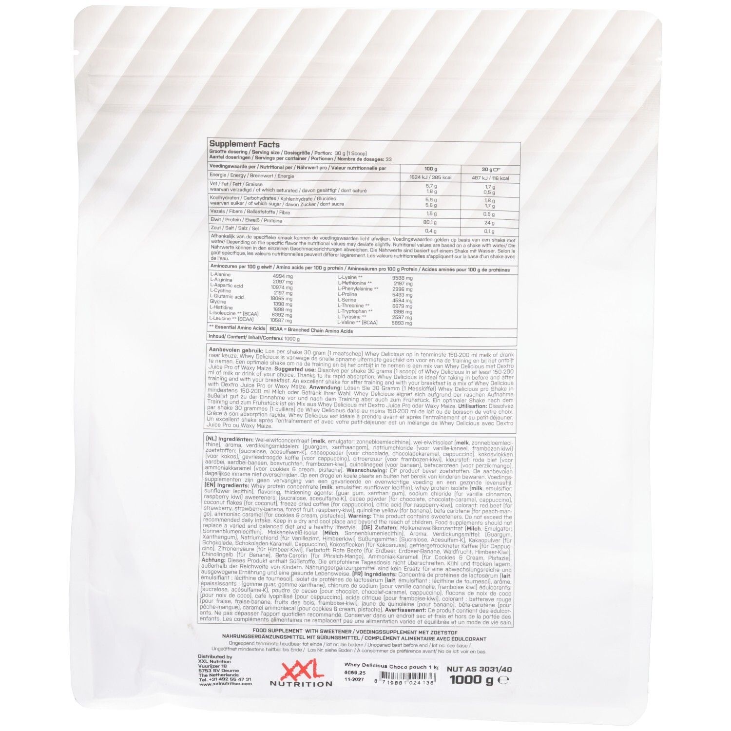 Rückseite des Beutels mit XXL Nutrition Whey Delicious Chocolat. Text mit Nährwertangaben und Zutatenliste.