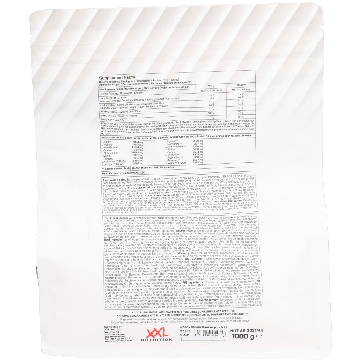 Rückseite der Whey Delicious Verpackung. Enthält Nährwertangaben, Zutatenliste und Warnhinweise in verschiedenen Sprachen. 1000g.