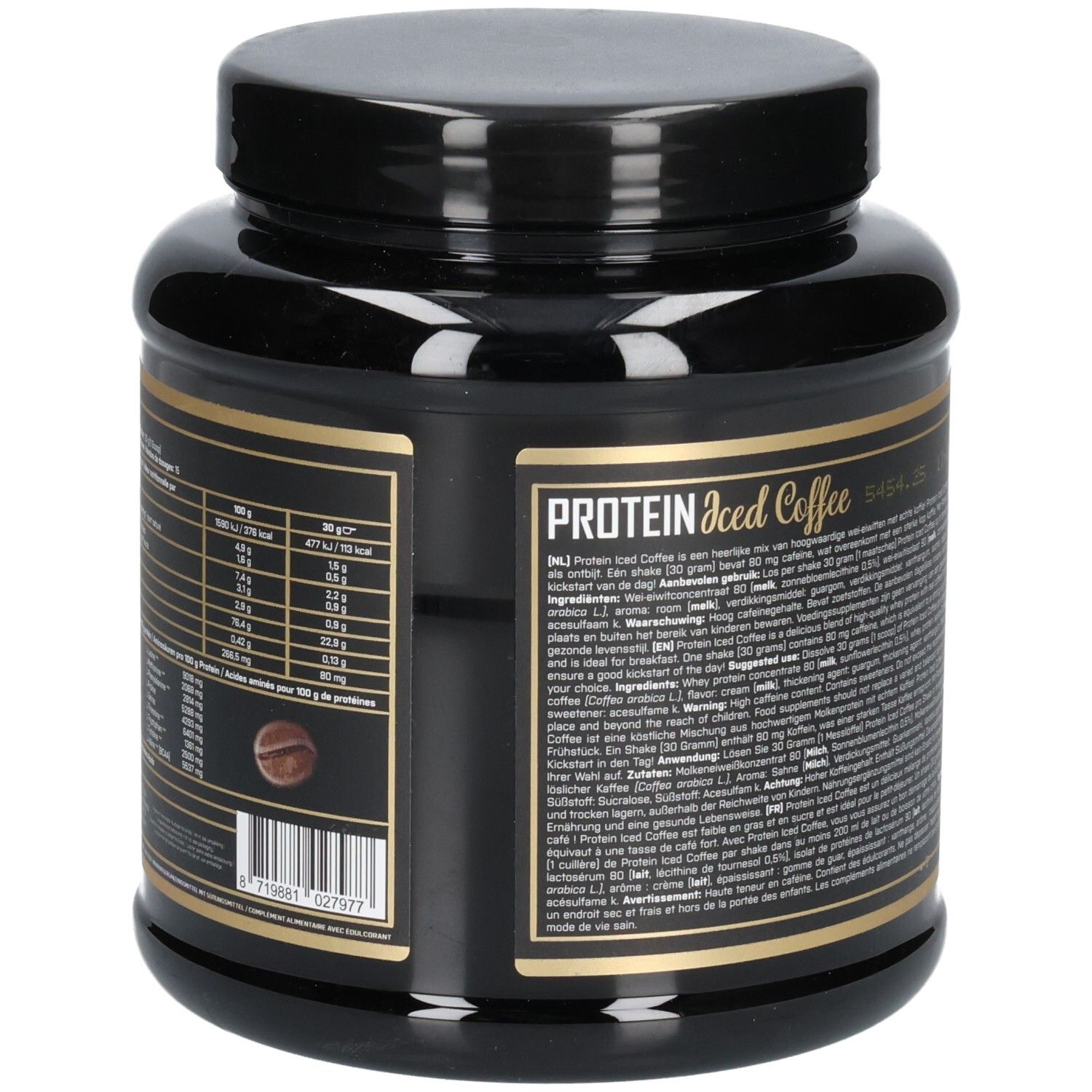 Rückseite der schwarzen Dose mit Text. XXL Nutrition Protein Iced Coffee. Nährwertangaben und Zutatenliste.