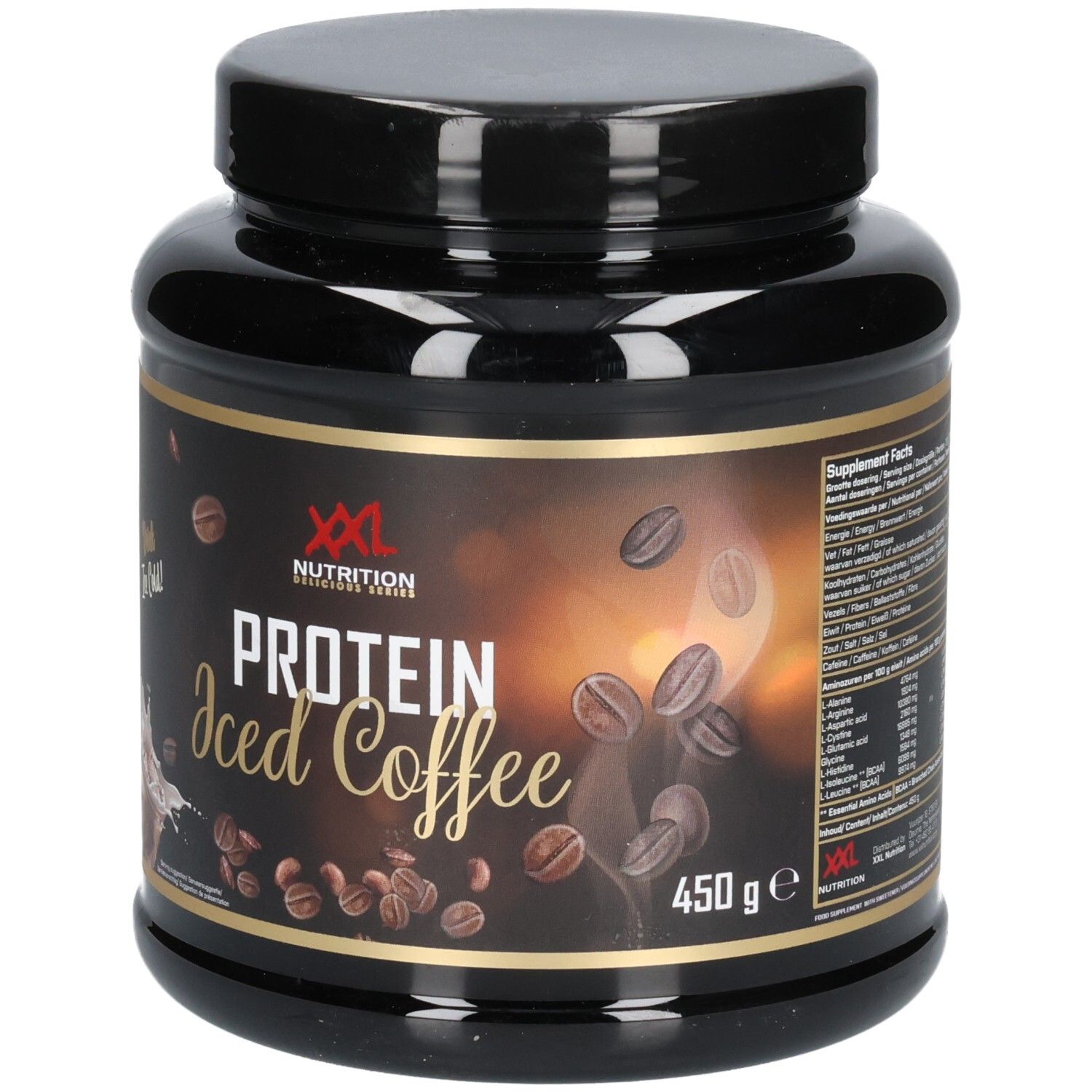 Schwarze Dose mit XXL Nutrition Protein Iced Coffee. Aufschrift und Kaffeebohnen-Illustration. 450g.
