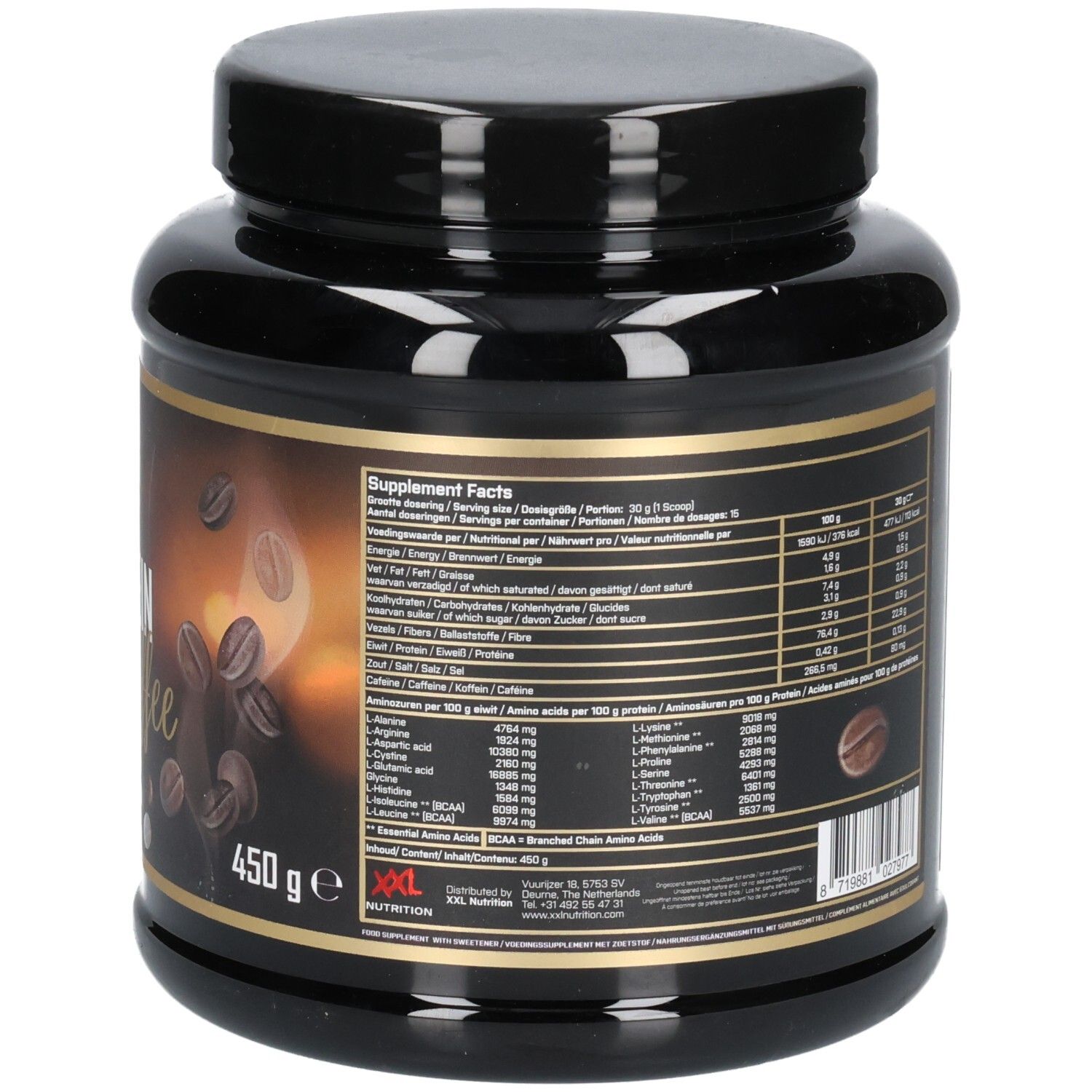 Rückseite der schwarzen Dose mit Text. XXL Nutrition Protein Iced Coffee. Nährwertangaben und Aminosäuren.
