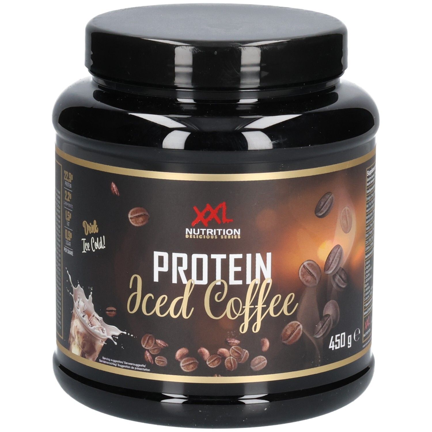 Schwarze Dose mit XXL Nutrition Protein Iced Coffee. Aufschrift und Kaffeebohnen-Illustration. 450g.