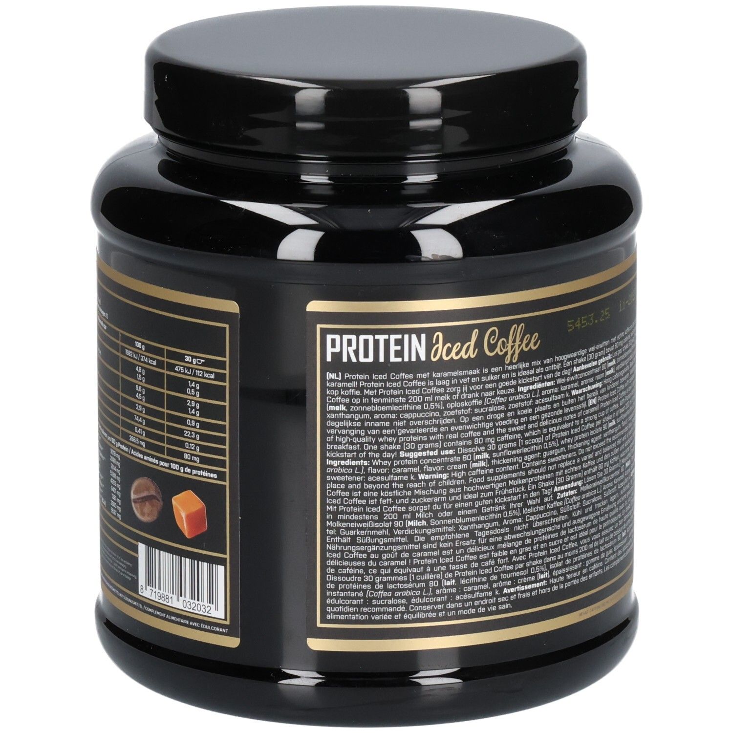 Rückseite der schwarzen Dose XXL Nutrition Protein Iced Coffee Caramel. Text mit Nährwertangaben und Zutaten. Abbildung von Kaffee und Karamell.