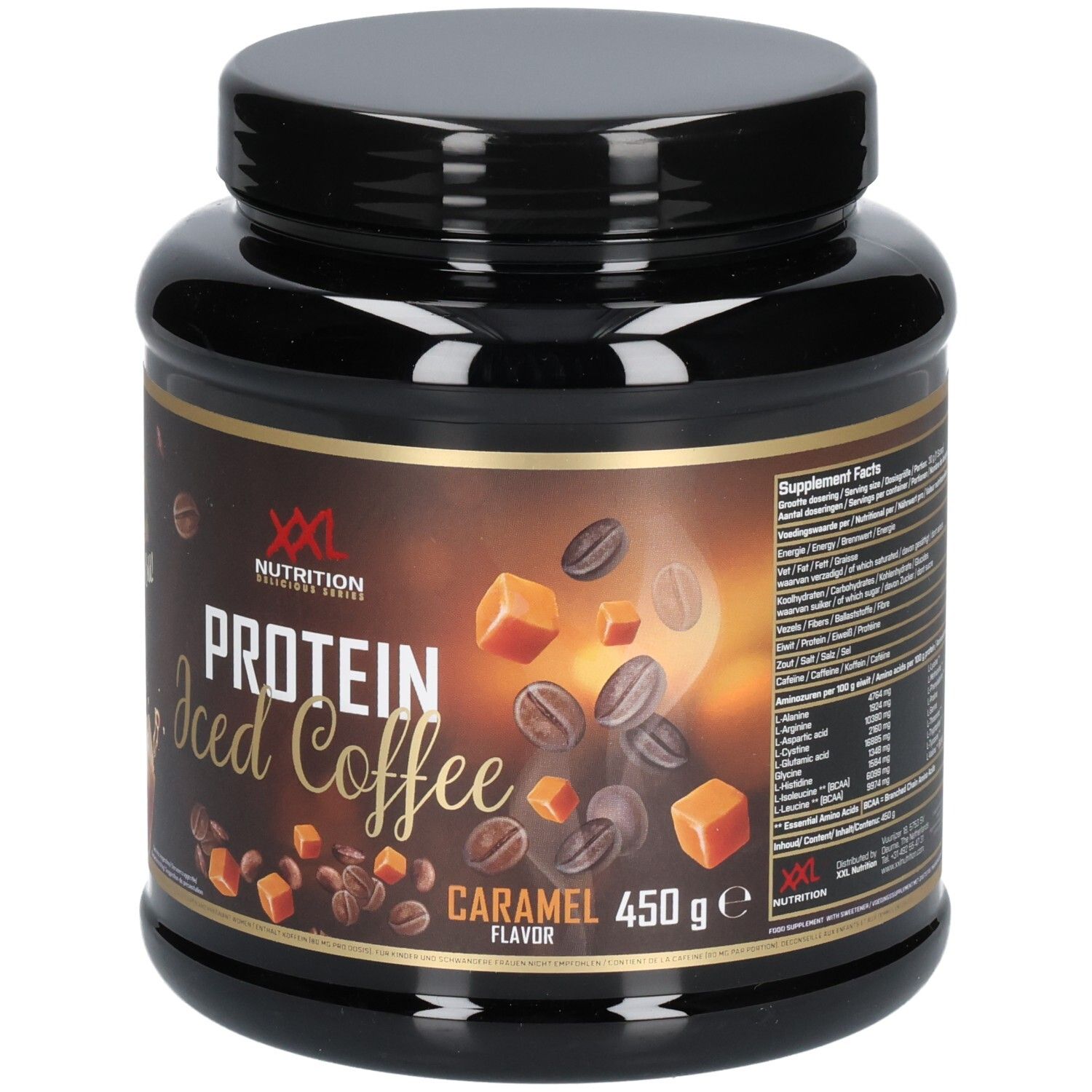 Schwarze Dose XXL Nutrition Protein Iced Coffee Caramel. Aufschrift: Protein Iced Coffee, Caramel, 450g. Abbildung von Kaffee und Karamell.