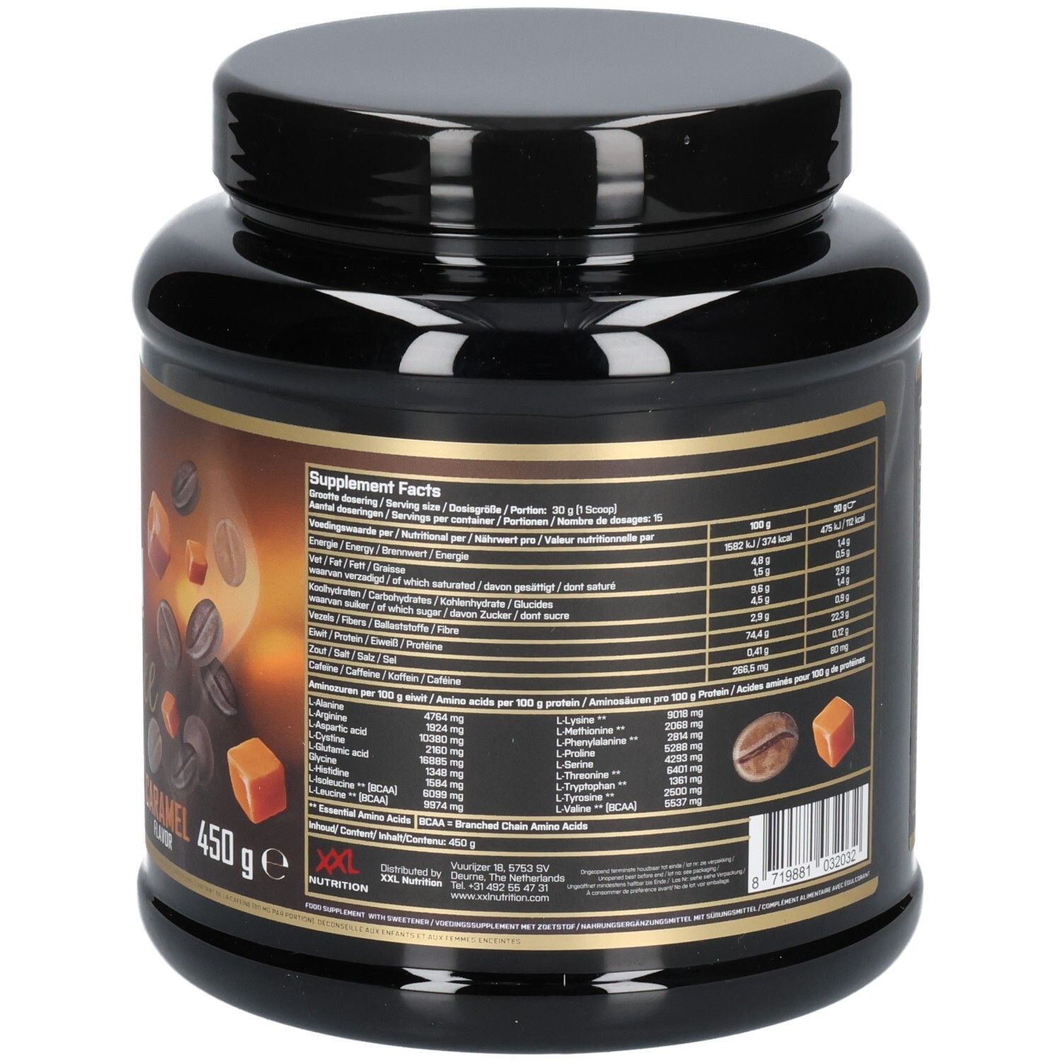 Rückseite der schwarzen Dose XXL Nutrition Protein Iced Coffee Caramel. Text mit Nährwertangaben und Zutaten. Abbildung von Kaffee und Karamell.