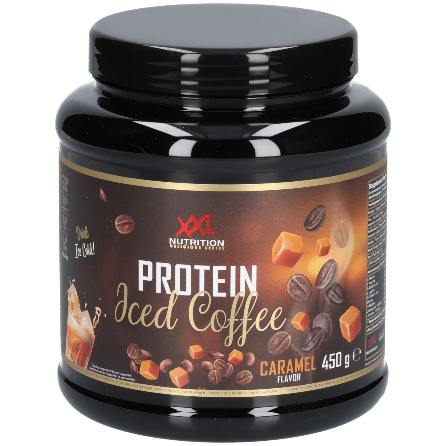 Schwarze Dose XXL Nutrition Protein Iced Coffee Caramel. Aufschrift: Protein Iced Coffee, Caramel, 450g. Abbildung von Kaffee und Karamell.