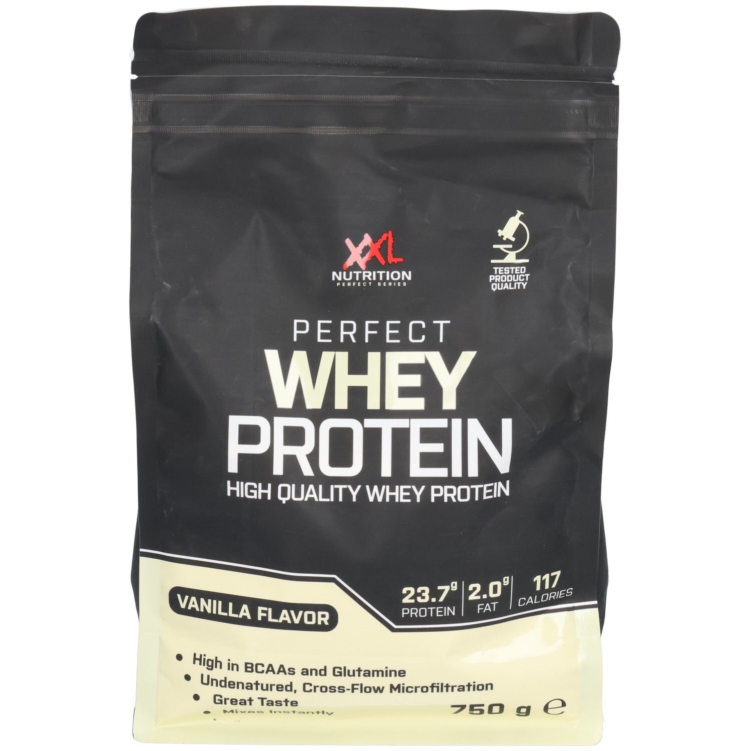 Schwarze Verpackung mit XXL Nutrition Perfect Whey Protein Vanille. Enthält 750g. Angaben zu Protein, Fett und Kalorien.