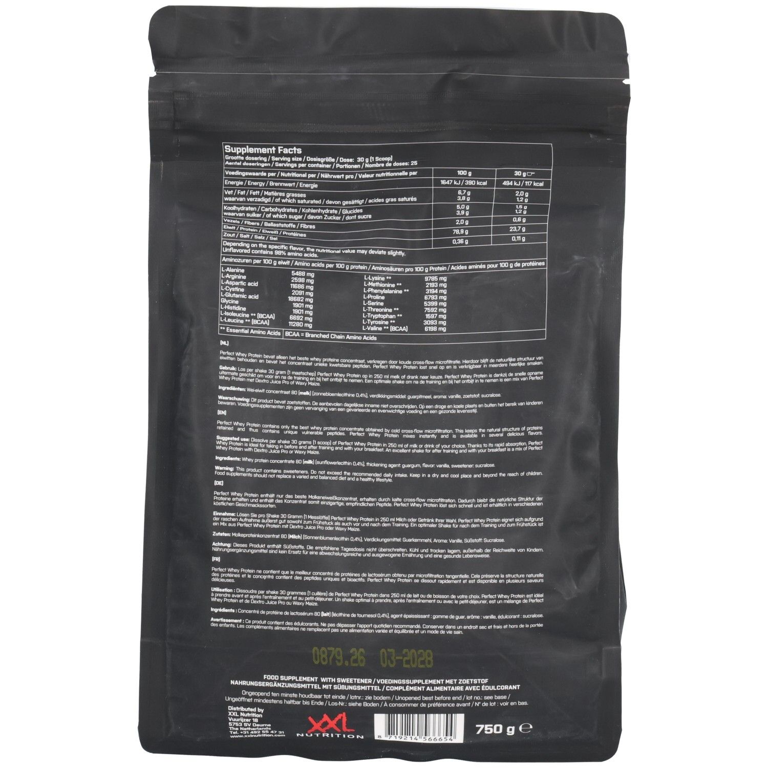 Rückseite der schwarzen Verpackung mit Nährwertangaben und Zutatenliste. Enthält 750g. Mindesthaltbarkeitsdatum.