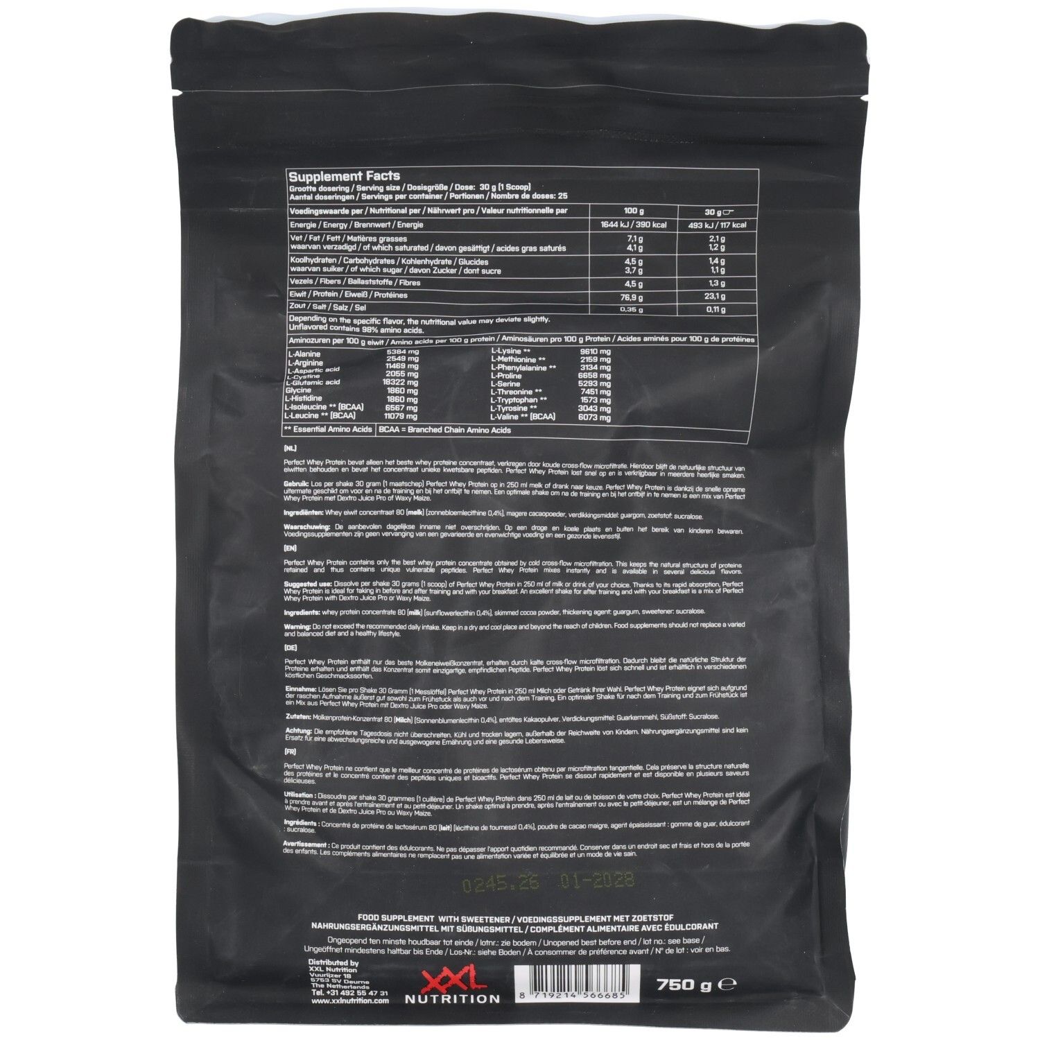 Rückseite der schwarzen Verpackung mit Nährwertangaben und Inhaltsstoffen. Text in mehreren Sprachen.