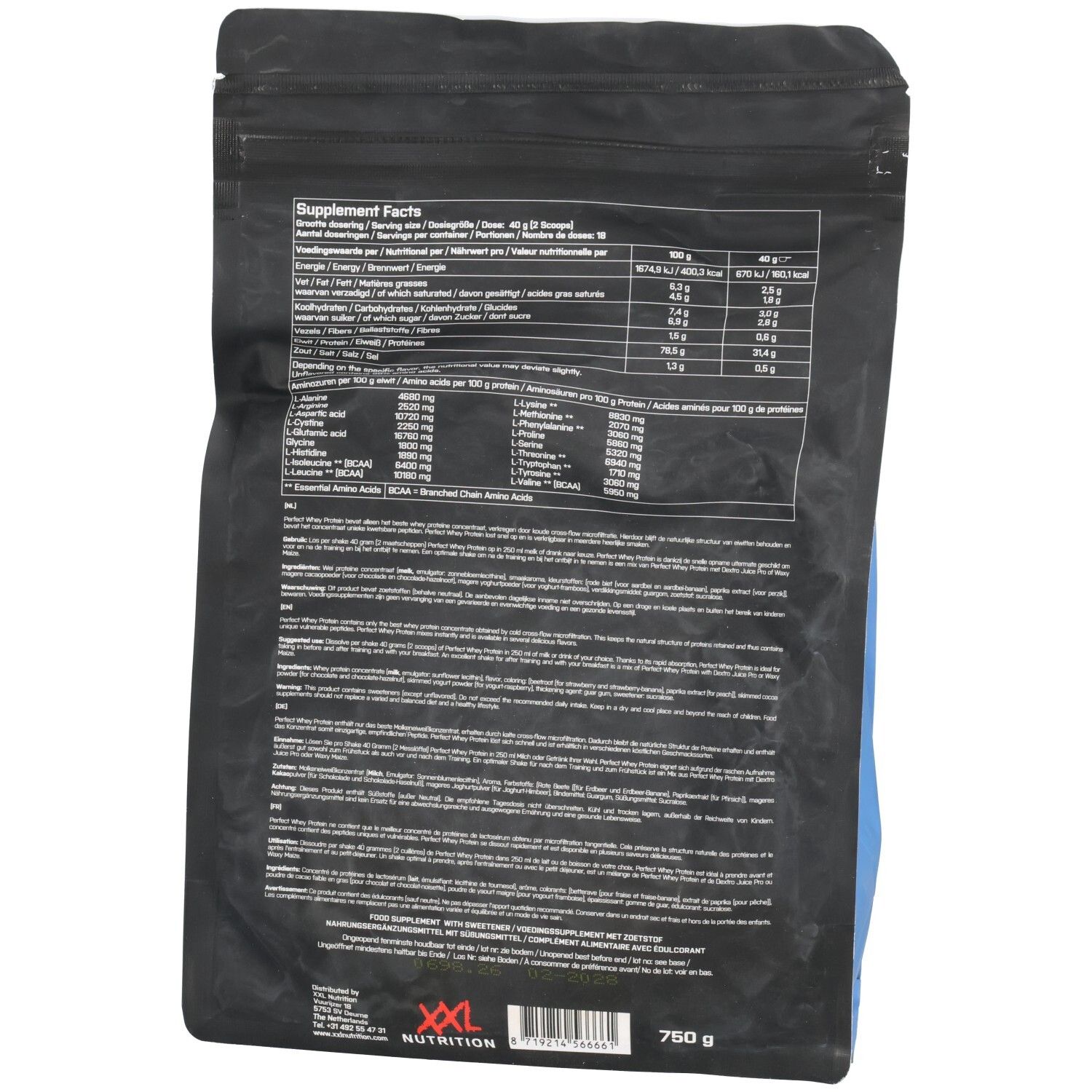 Rückseite der schwarzen Verpackung mit Nährwertangaben und Inhaltsstoffen. Enthält 750g.