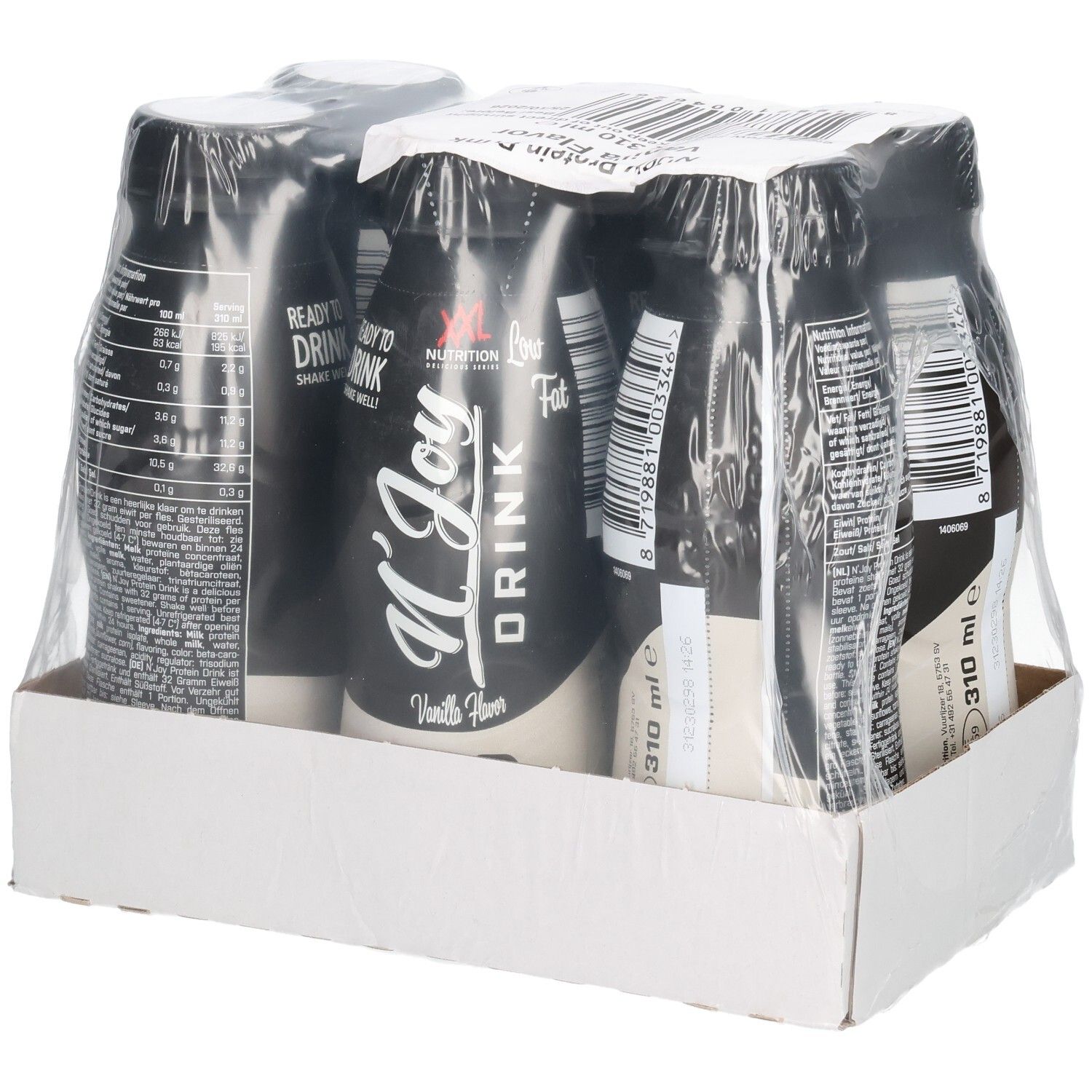 Packung mit sechs Flaschen N'Joy Protein Drink, Vanille-Geschmack. Schwarze Flaschen mit weißem Etikett, in Folie verpackt.