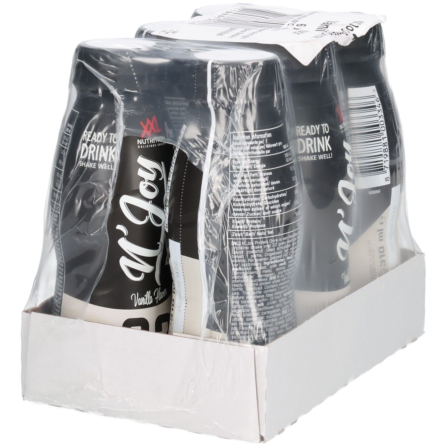 Packung mit sechs Flaschen N'Joy Protein Drink, Vanille-Geschmack. Schwarze Flaschen mit weißem Etikett, in Folie verpackt.