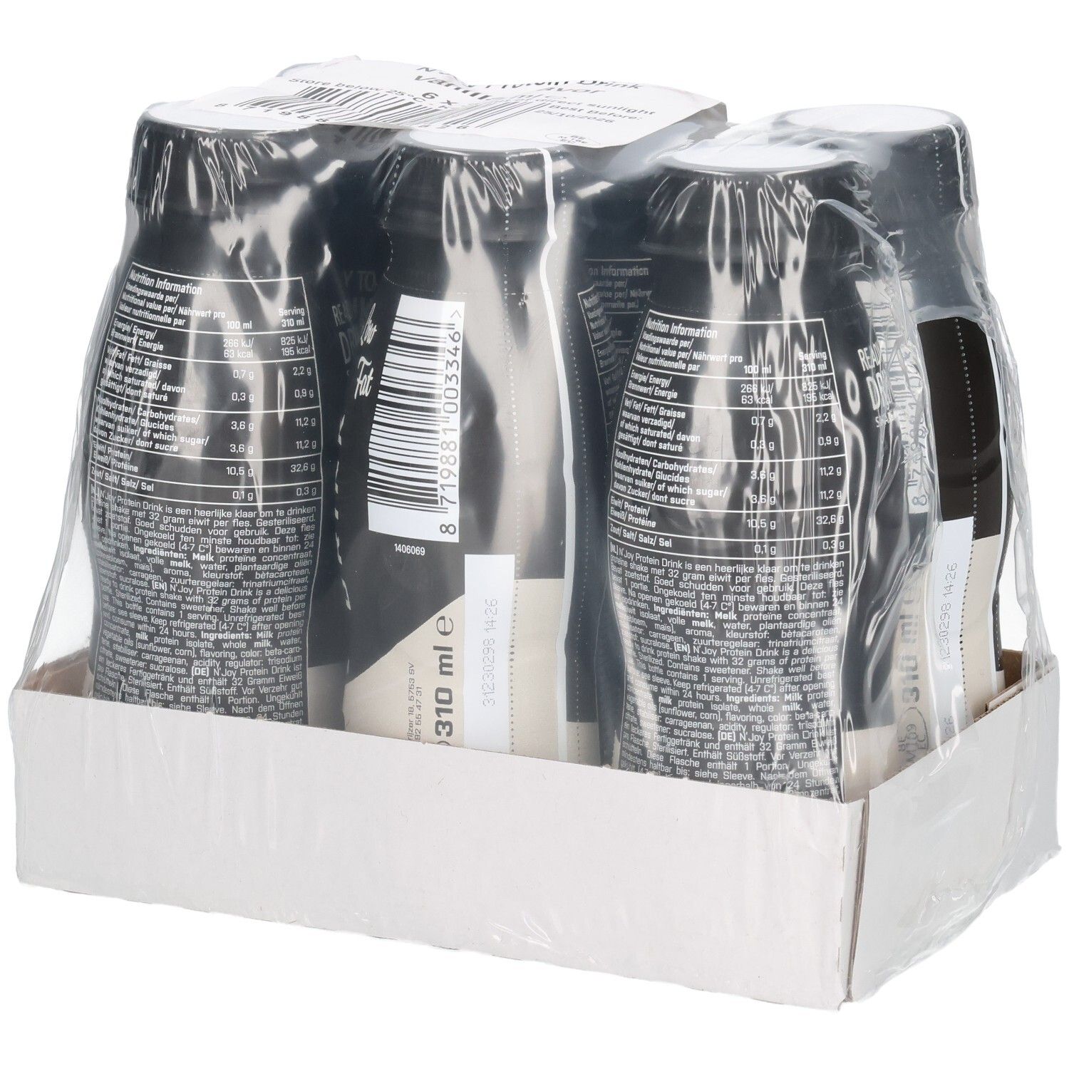 Packung mit sechs Flaschen N'Joy Protein Drink, Vanille-Geschmack. Schwarze Flaschen mit weißem Etikett, in Folie verpackt.