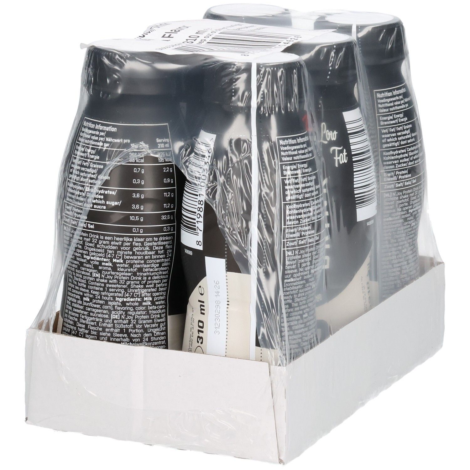 Packung mit sechs Flaschen N'Joy Protein Drink, Vanille-Geschmack. Schwarze Flaschen mit weißem Etikett, in Folie verpackt.