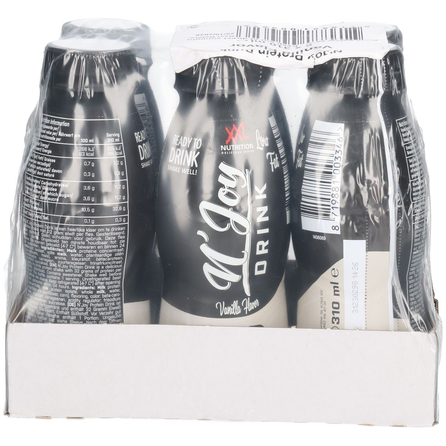 Packung mit sechs Flaschen N'Joy Protein Drink, Vanille-Geschmack. Schwarze Flaschen mit weißem Etikett, in Folie verpackt.