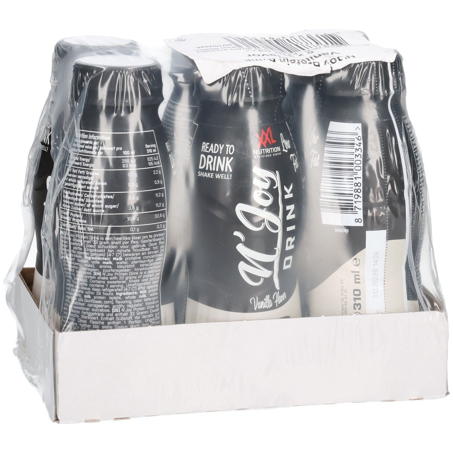 Packung mit sechs Flaschen N'Joy Protein Drink, Vanille-Geschmack. Schwarze Flaschen mit weißem Etikett, in Folie verpackt.