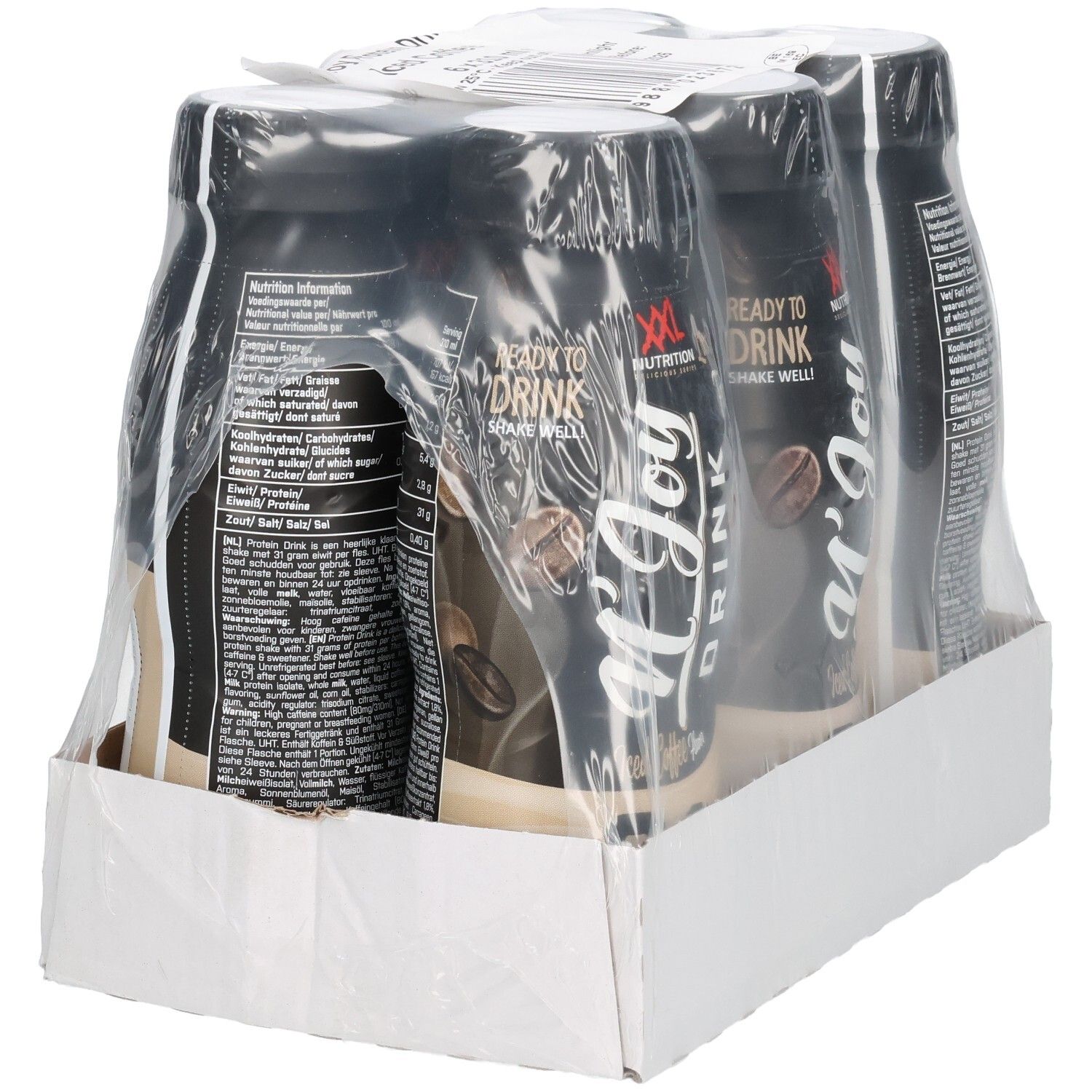 Packung mit sechs Flaschen N'Joy Drink, Café Glacé. Schwarze Flaschen mit weißem Etikett, in Folie verpackt, in einem Karton.