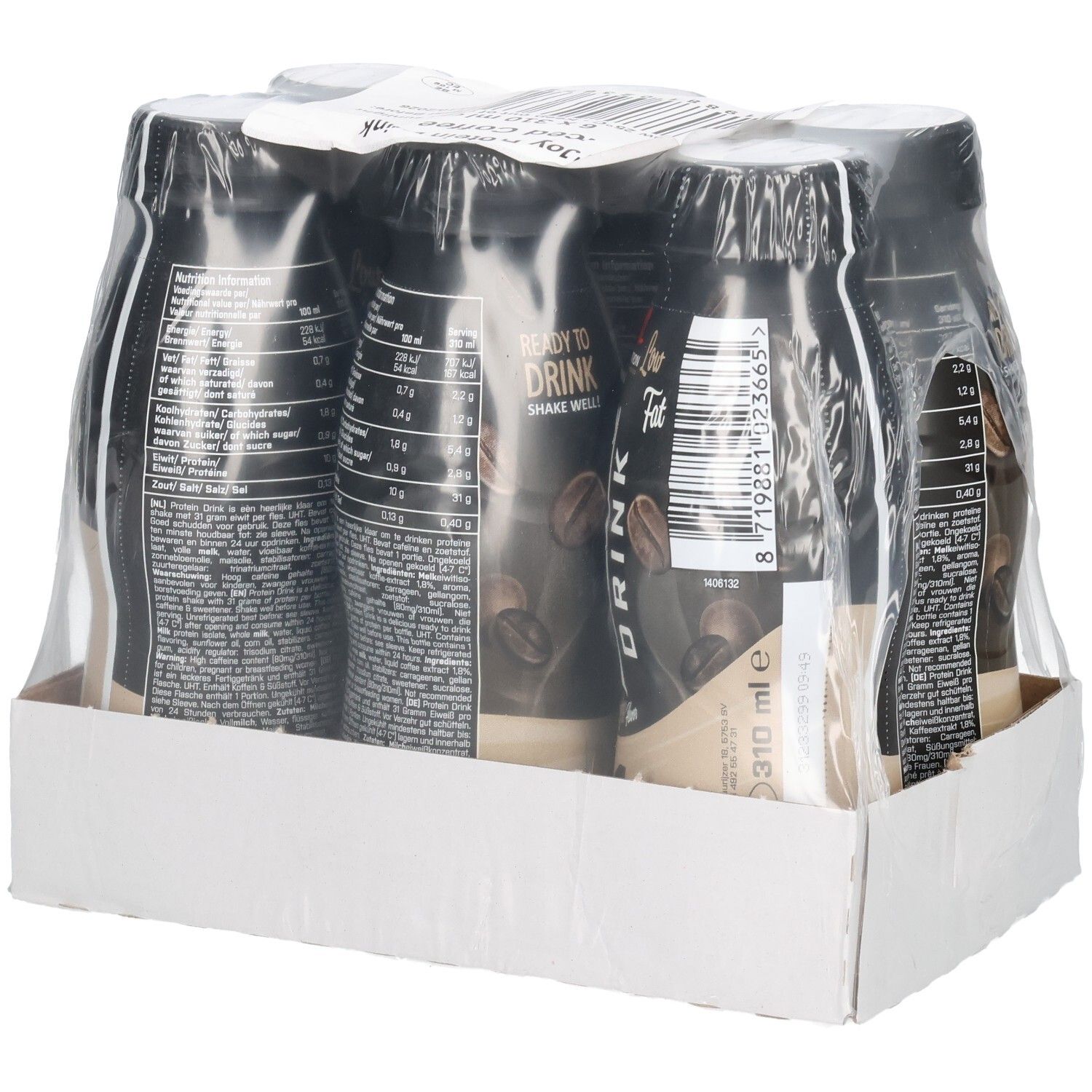 Packung mit sechs Flaschen N'Joy Drink, Café Glacé. Schwarze Flaschen mit weißem Etikett, in Folie verpackt, in einem Karton.