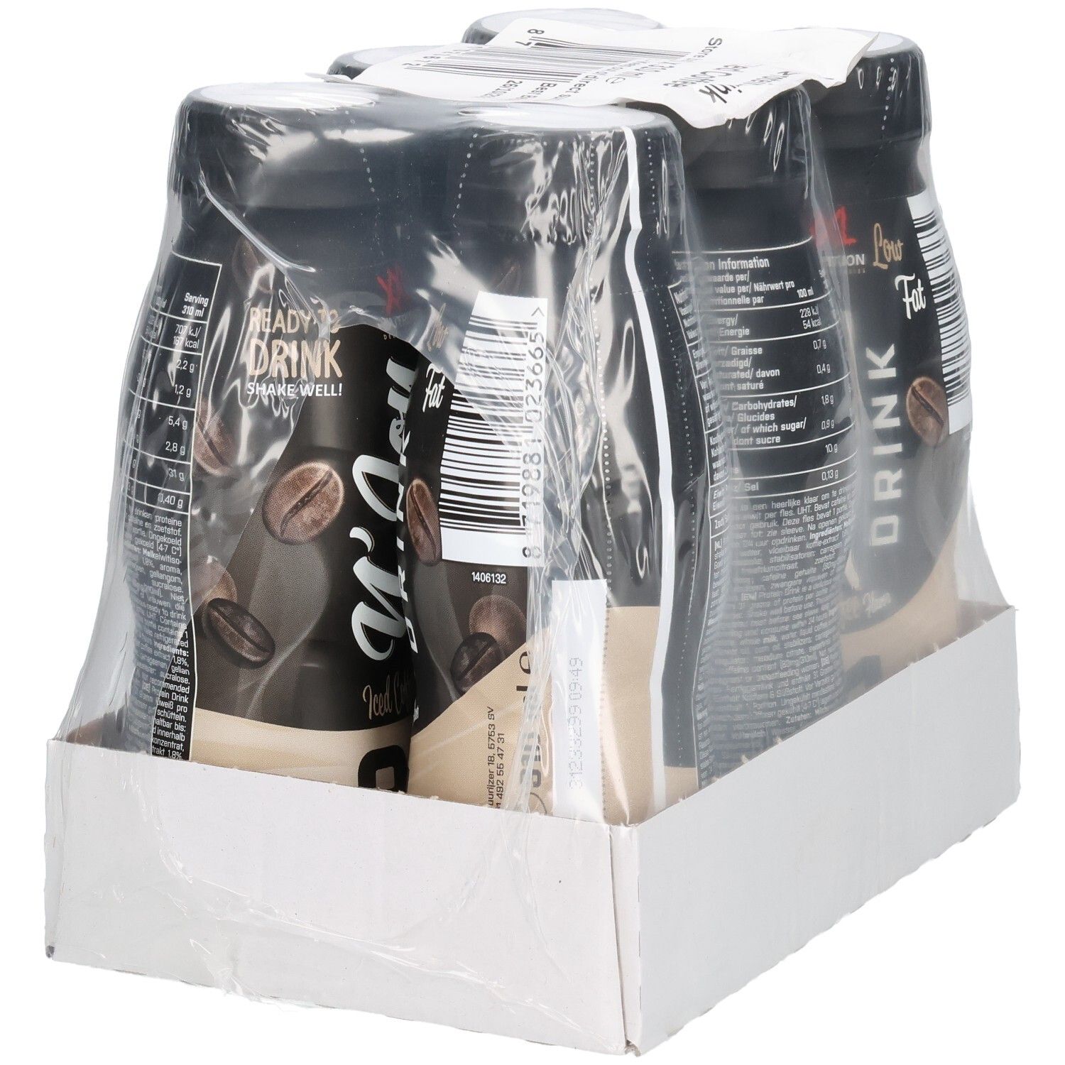 Packung mit sechs Flaschen N'Joy Drink, Café Glacé. Schwarze Flaschen mit weißem Etikett, in Folie verpackt, in einem Karton.