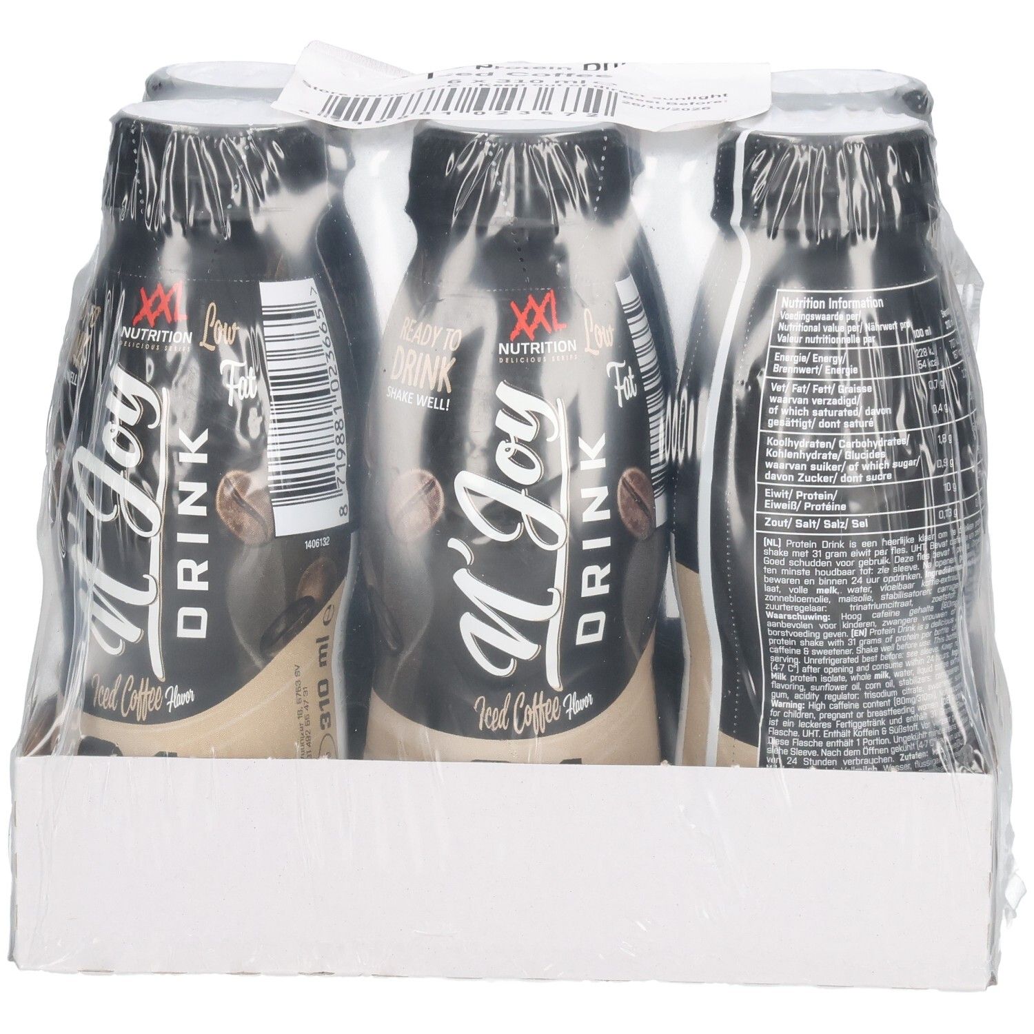 Packung mit sechs Flaschen N'Joy Drink, Café Glacé. Schwarze Flaschen mit weißem Etikett, in Folie verpackt, in einem Karton.