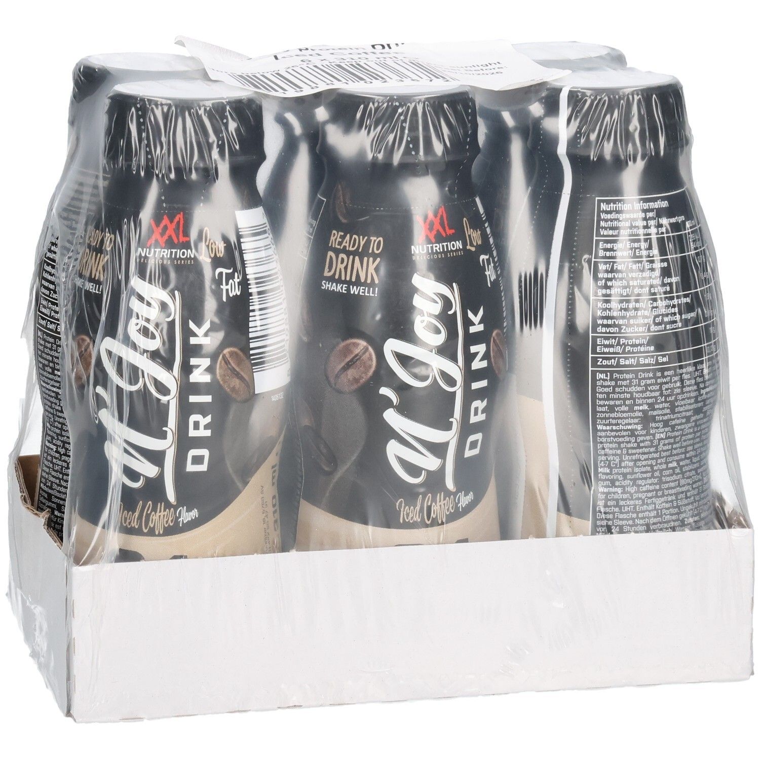 Packung mit sechs Flaschen N'Joy Drink, Café Glacé. Schwarze Flaschen mit weißem Etikett, in Folie verpackt, in einem Karton.