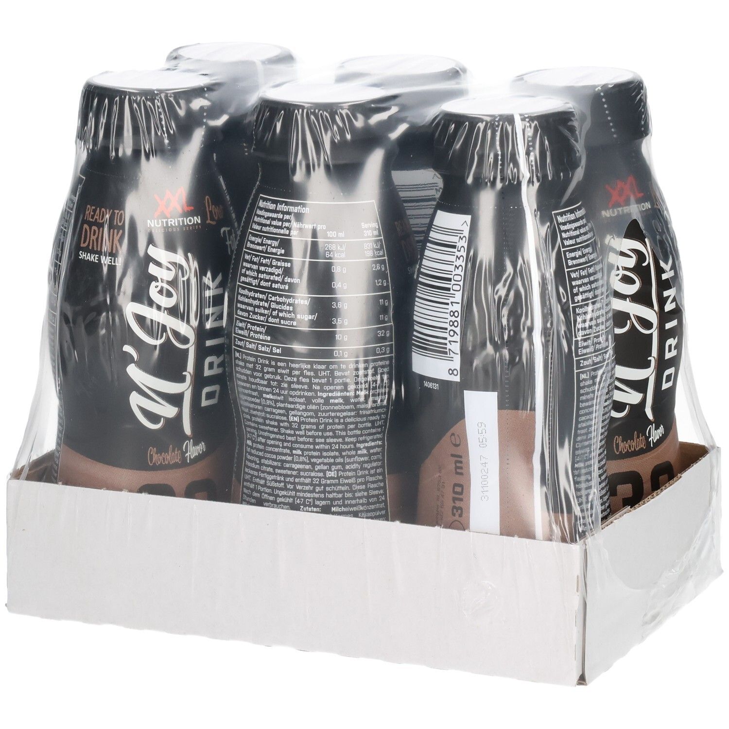 Sechs Flaschen N'Joy Drink in Folie verpackt. Schwarze Flaschen mit weißer Schrift. Auf Kartonbasis.