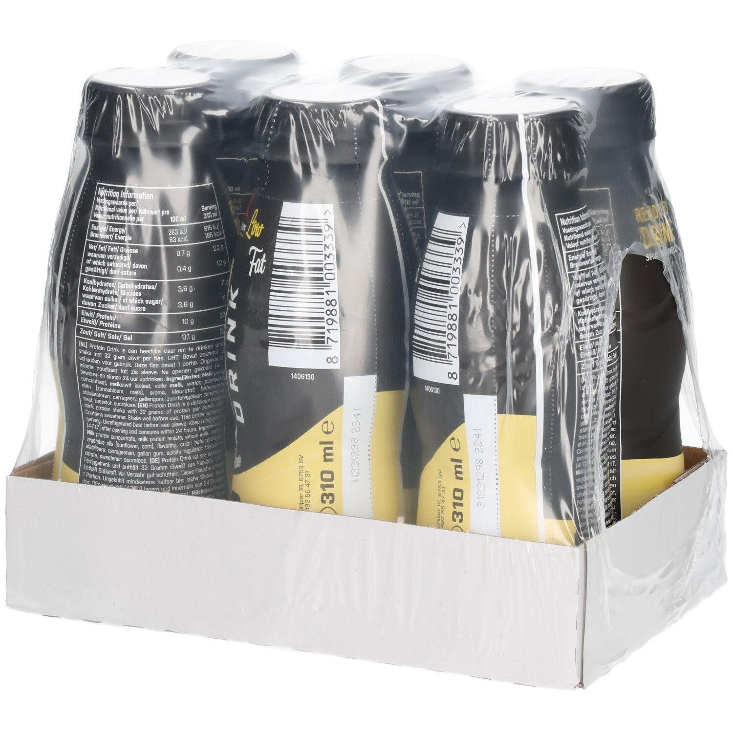 Sechs Flaschen N'Joy Drink in Karton verpackt. Schwarze Flaschen mit gelben Etiketten. Klarer Kunststoff umhüllt die Flaschen.