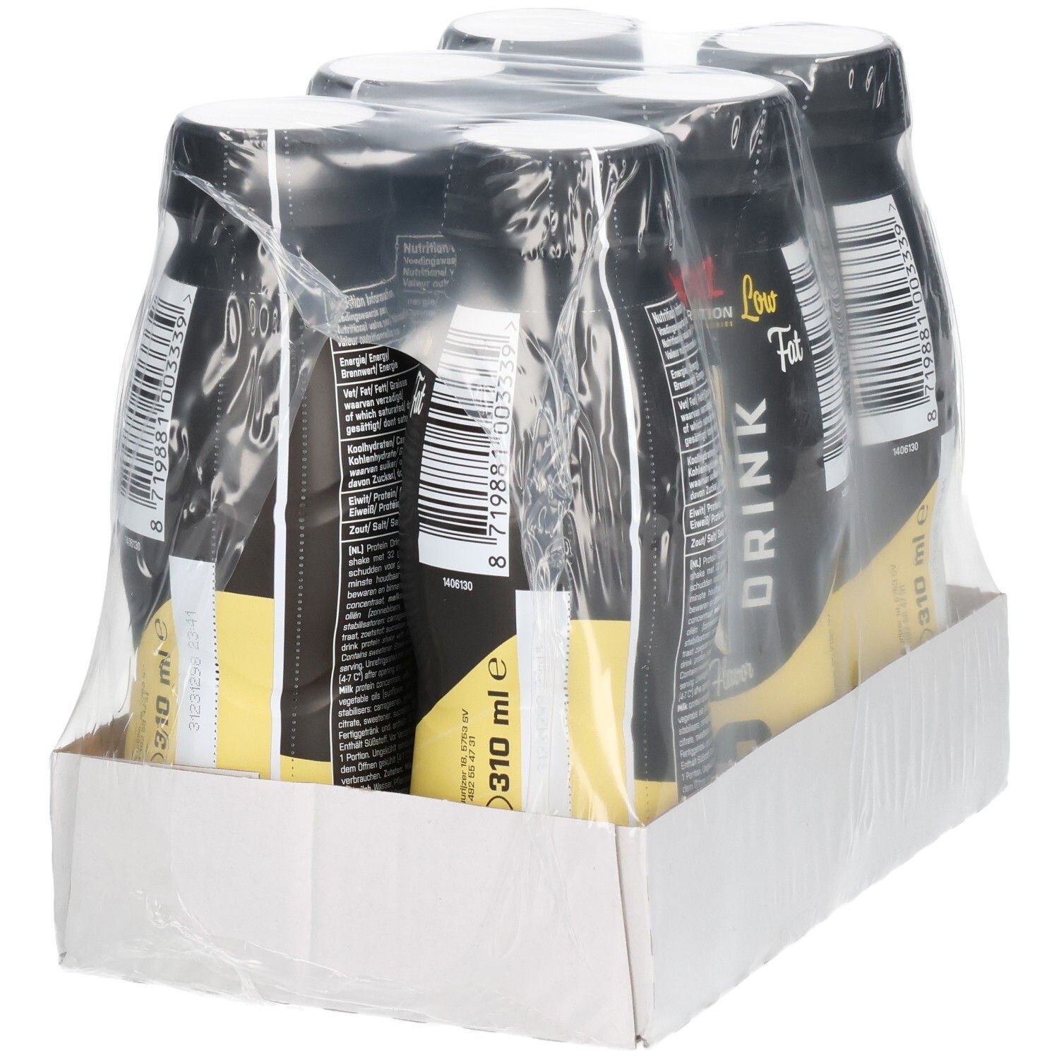 Sechs Flaschen N'Joy Drink in Karton verpackt. Schwarze Flaschen mit gelben Etiketten. Klarer Kunststoff umhüllt die Flaschen.