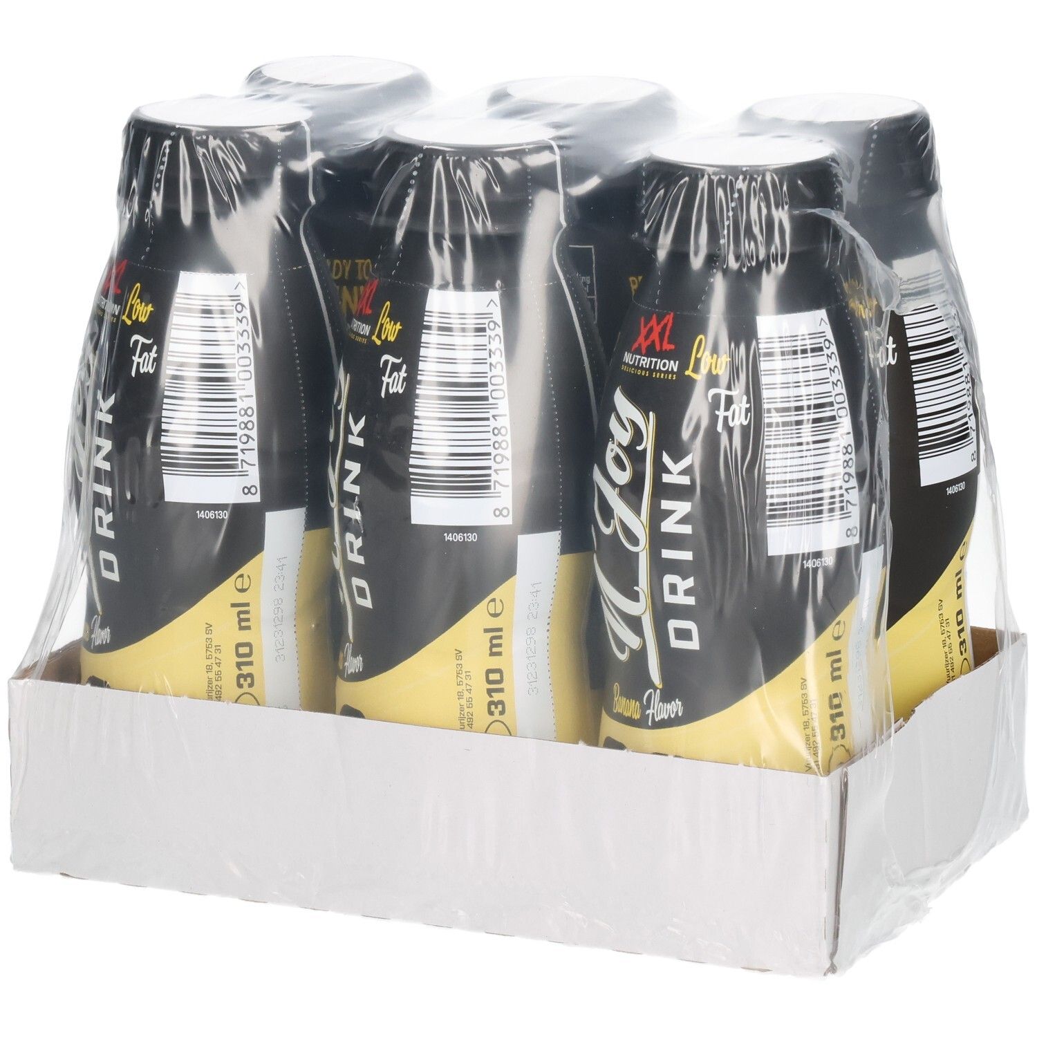 Sechs Flaschen N'Joy Drink in Karton verpackt. Schwarze Flaschen mit gelben Etiketten. Klarer Kunststoff umhüllt die Flaschen.