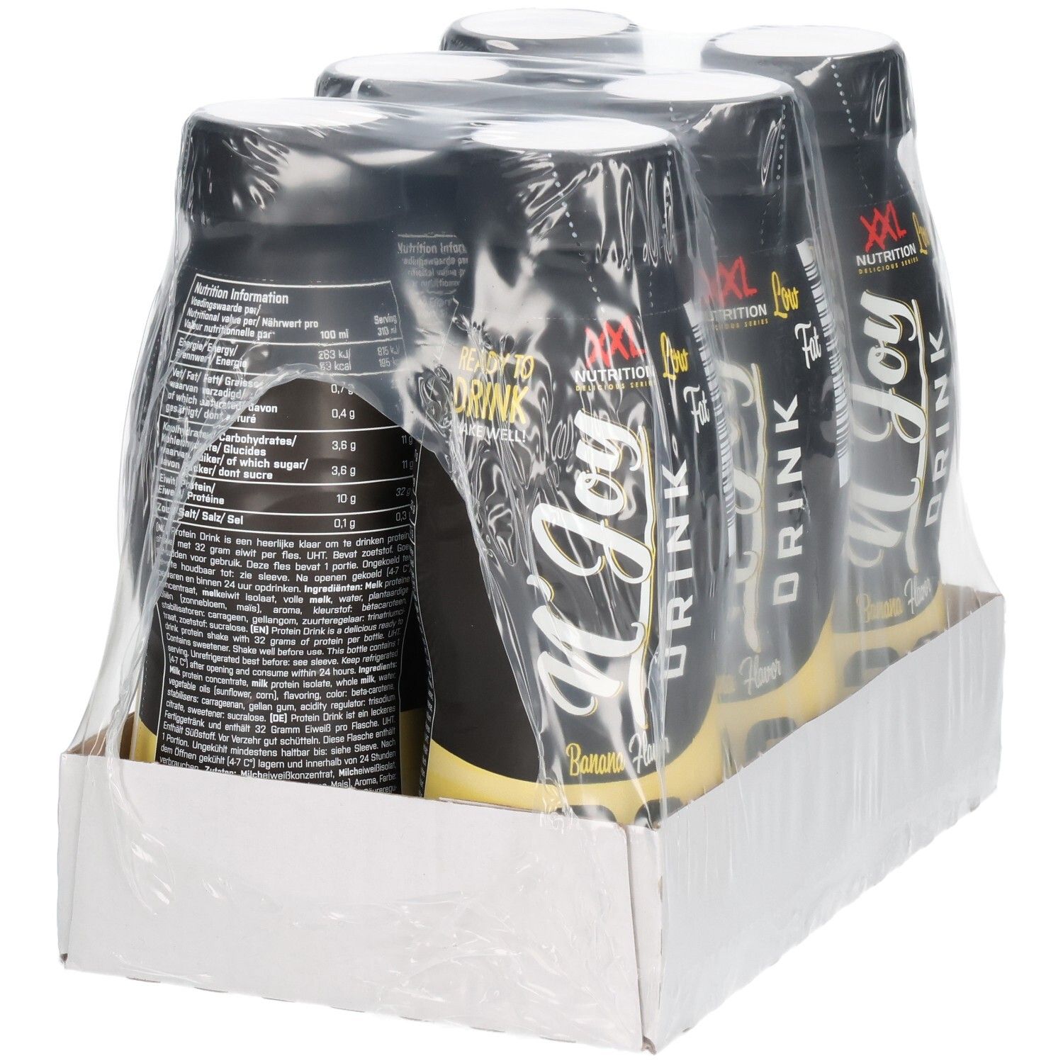 Sechs Flaschen N'Joy Drink in Karton verpackt. Schwarze Flaschen mit gelben Etiketten. Klarer Kunststoff umhüllt die Flaschen.