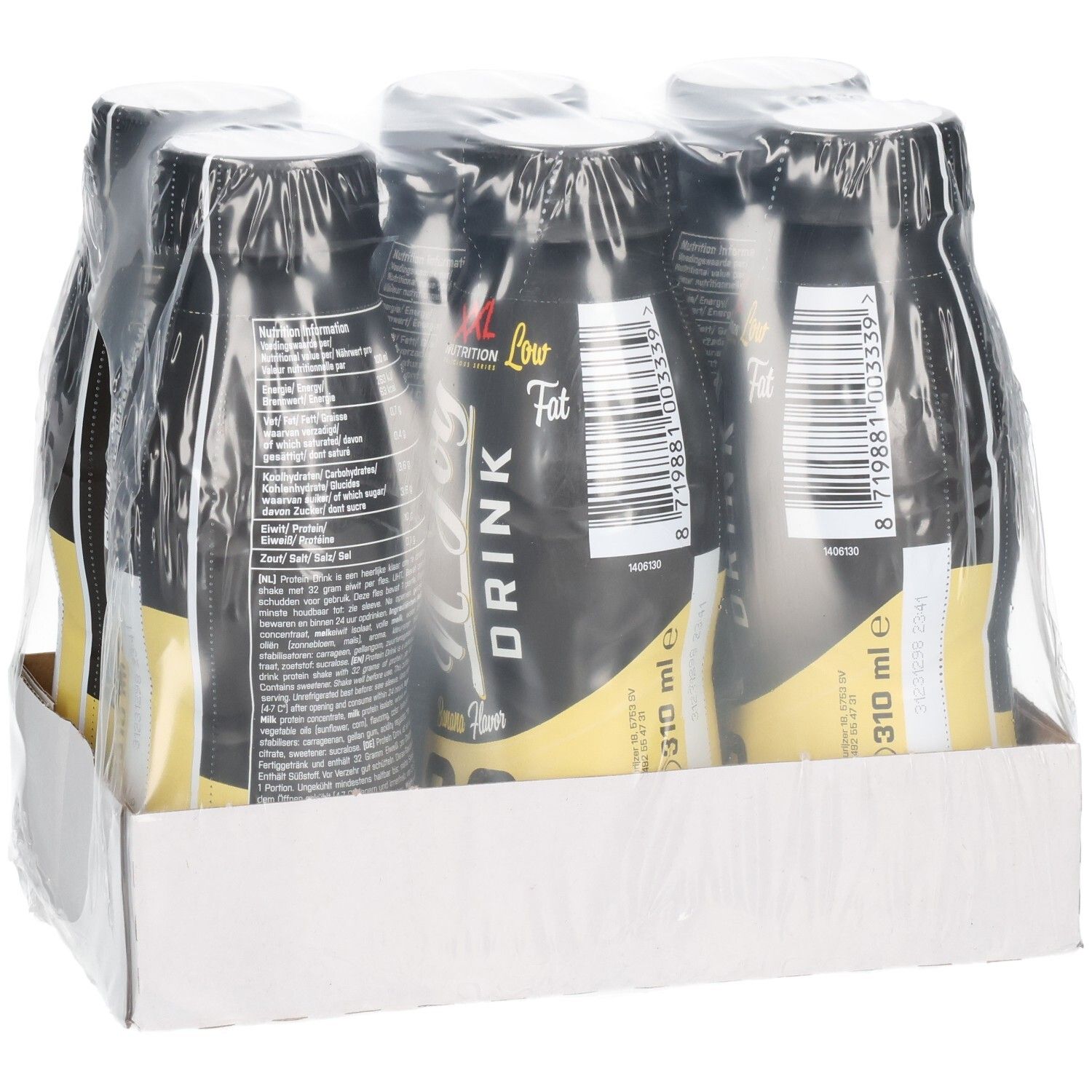 Sechs Flaschen N'Joy Drink in Karton verpackt. Schwarze Flaschen mit gelben Etiketten. Klarer Kunststoff umhüllt die Flaschen.