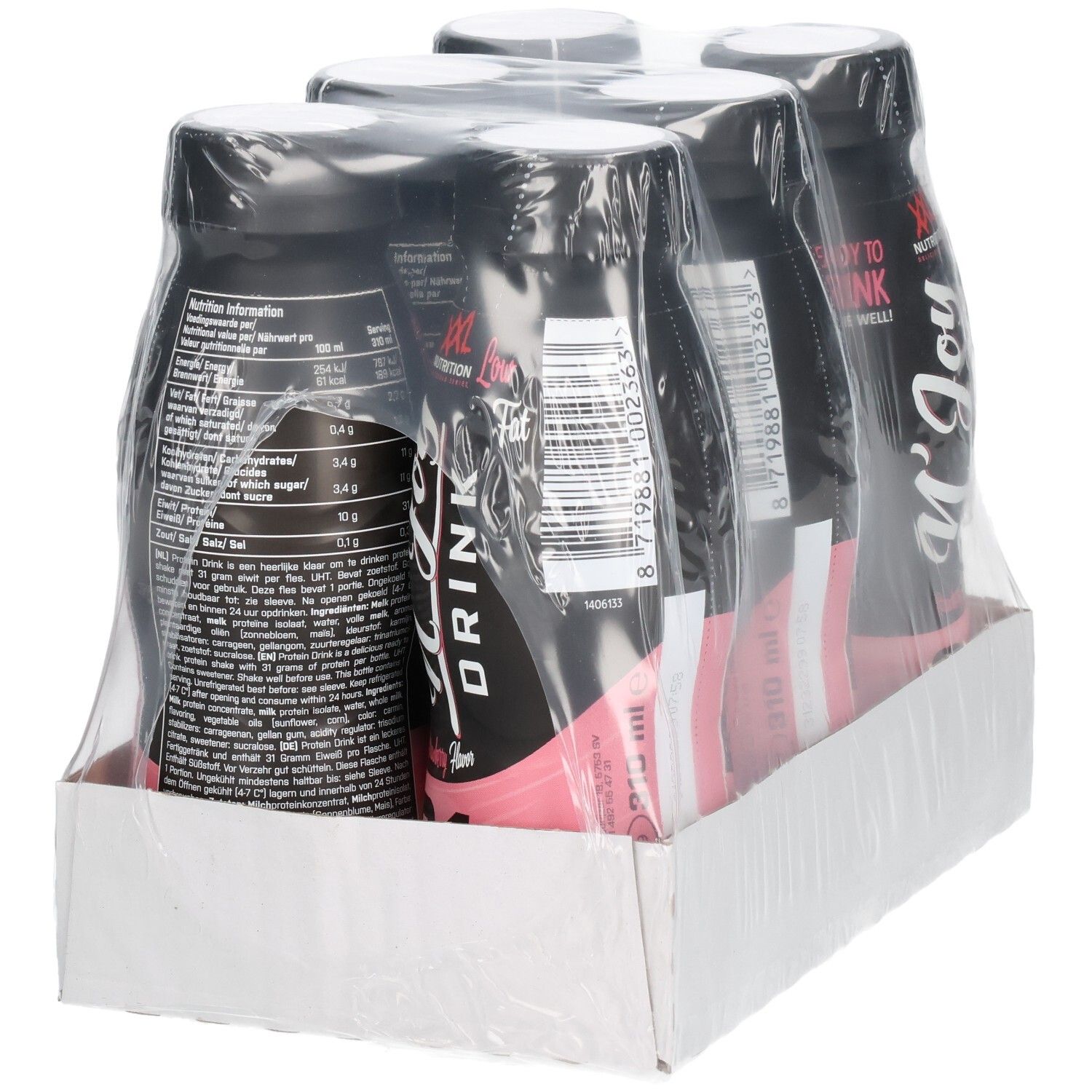 Vier Flaschen N'Joy Drink in Kartonverpackung. Schwarze Flaschen mit rosa Etikett. XXL Nutrition Logo. Rückseite mit Nährwertangaben.