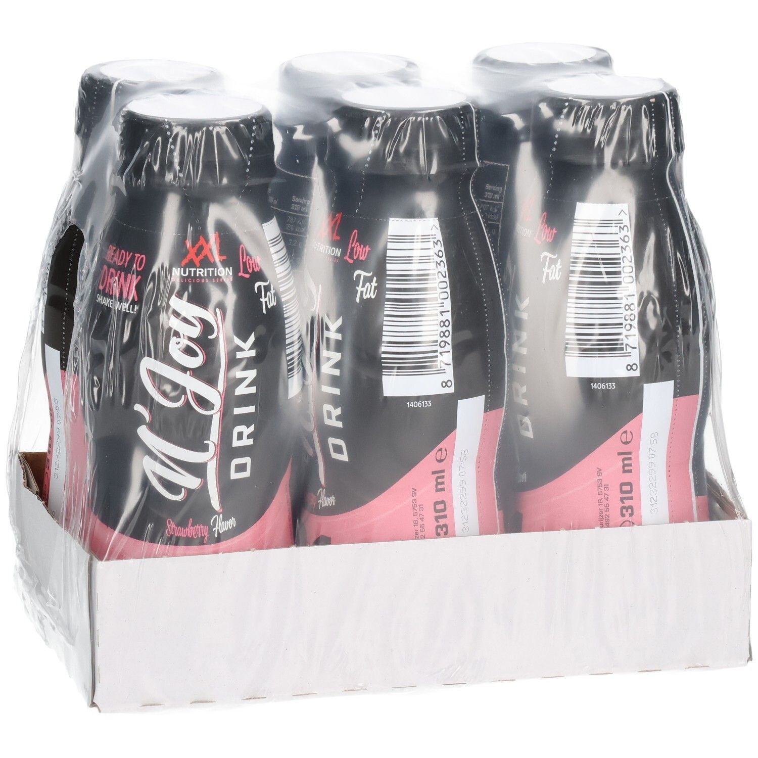 Sechs Flaschen N'Joy Drink in Kartonverpackung. Schwarze Flaschen mit rosa Etikett. XXL Nutrition Logo. Himbeergeschmack.