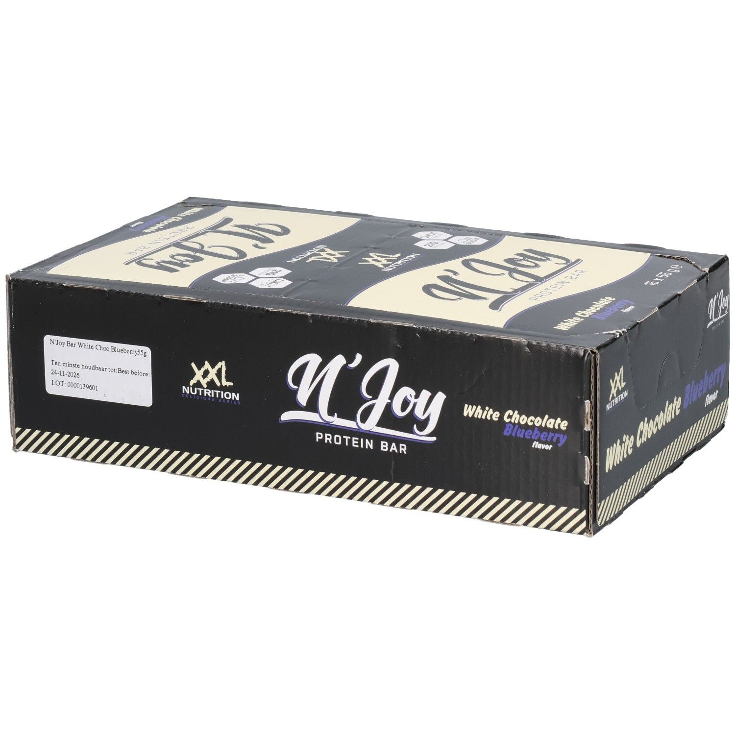 Schachtel mit Proteinriegeln. Aufschrift: N'Joy Protein Bar, White Chocolate Blueberry. Marke: XXL Nutrition.