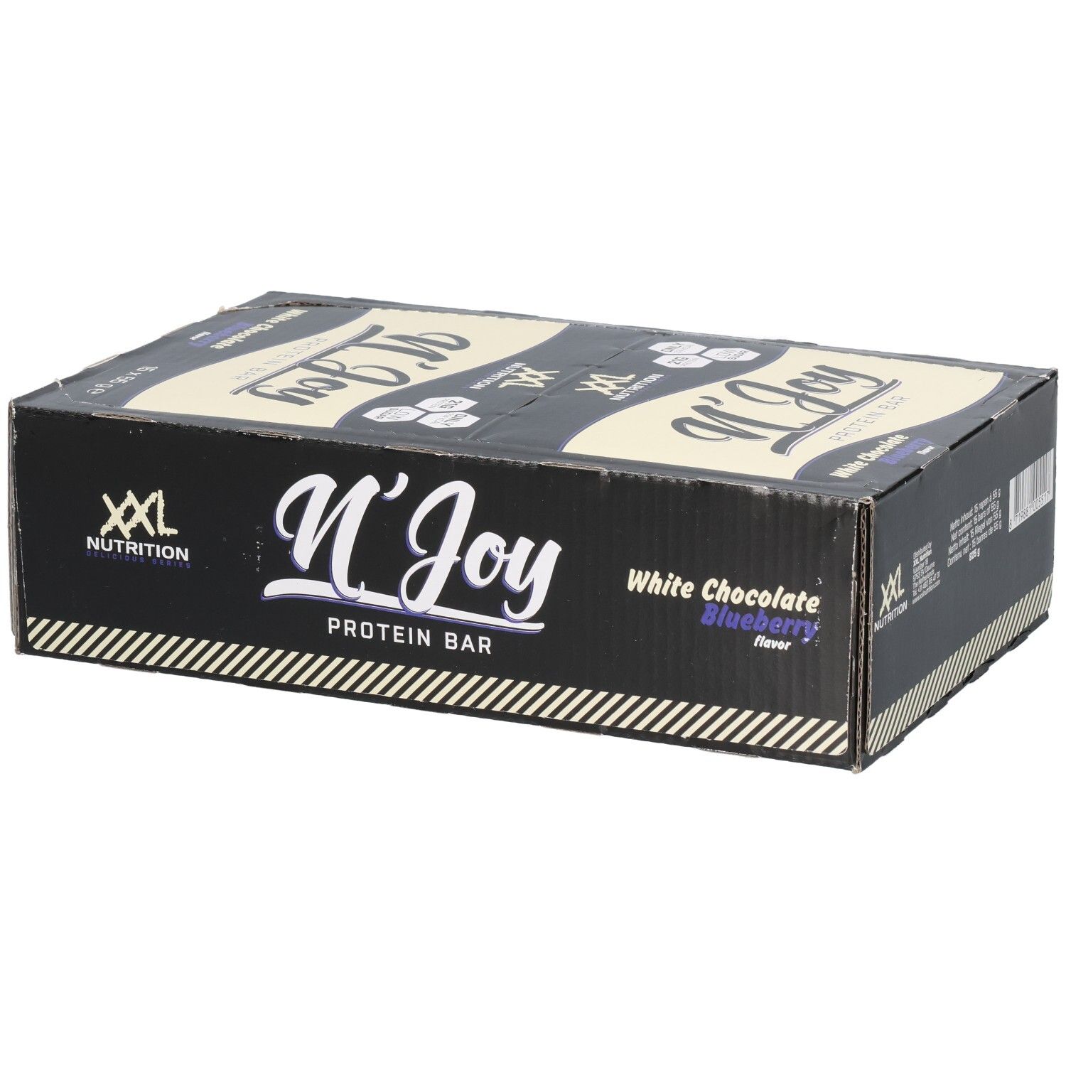 Schachtel mit Proteinriegeln. Aufschrift: N'Joy Protein Bar, White Chocolate Blueberry. Marke: XXL Nutrition.