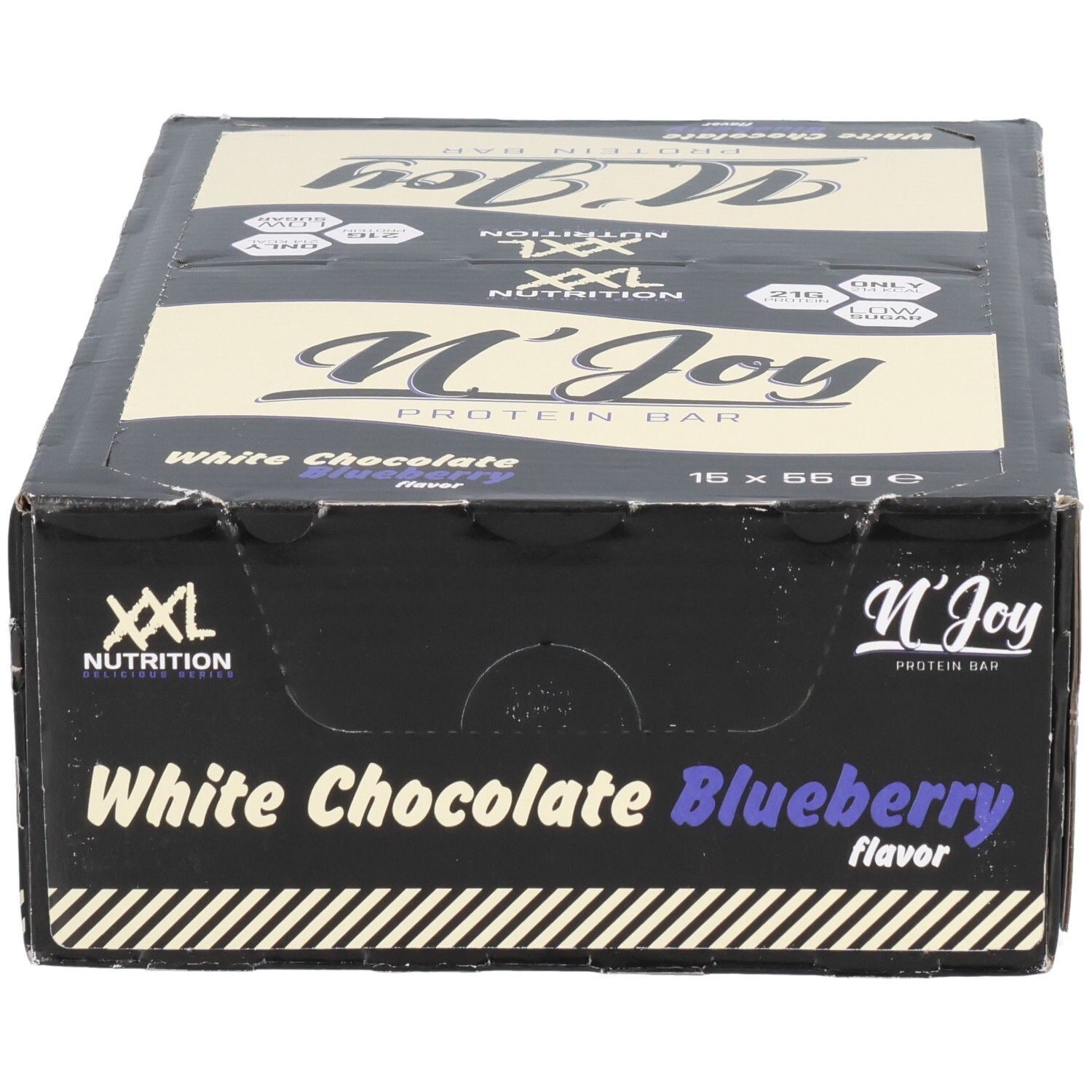 Schachtel mit Proteinriegeln. Aufschrift: N'Joy Protein Bar, White Chocolate Blueberry. Marke: XXL Nutrition.