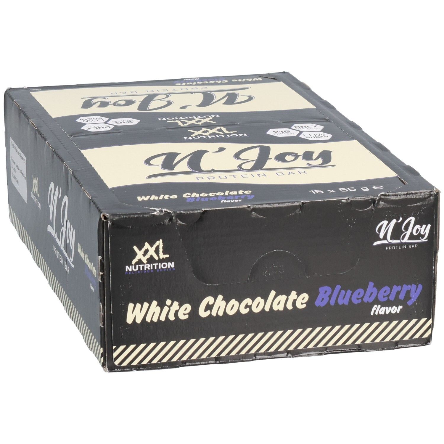Schachtel mit Proteinriegeln. Aufschrift: N'Joy Protein Bar, White Chocolate Blueberry. Marke: XXL Nutrition.