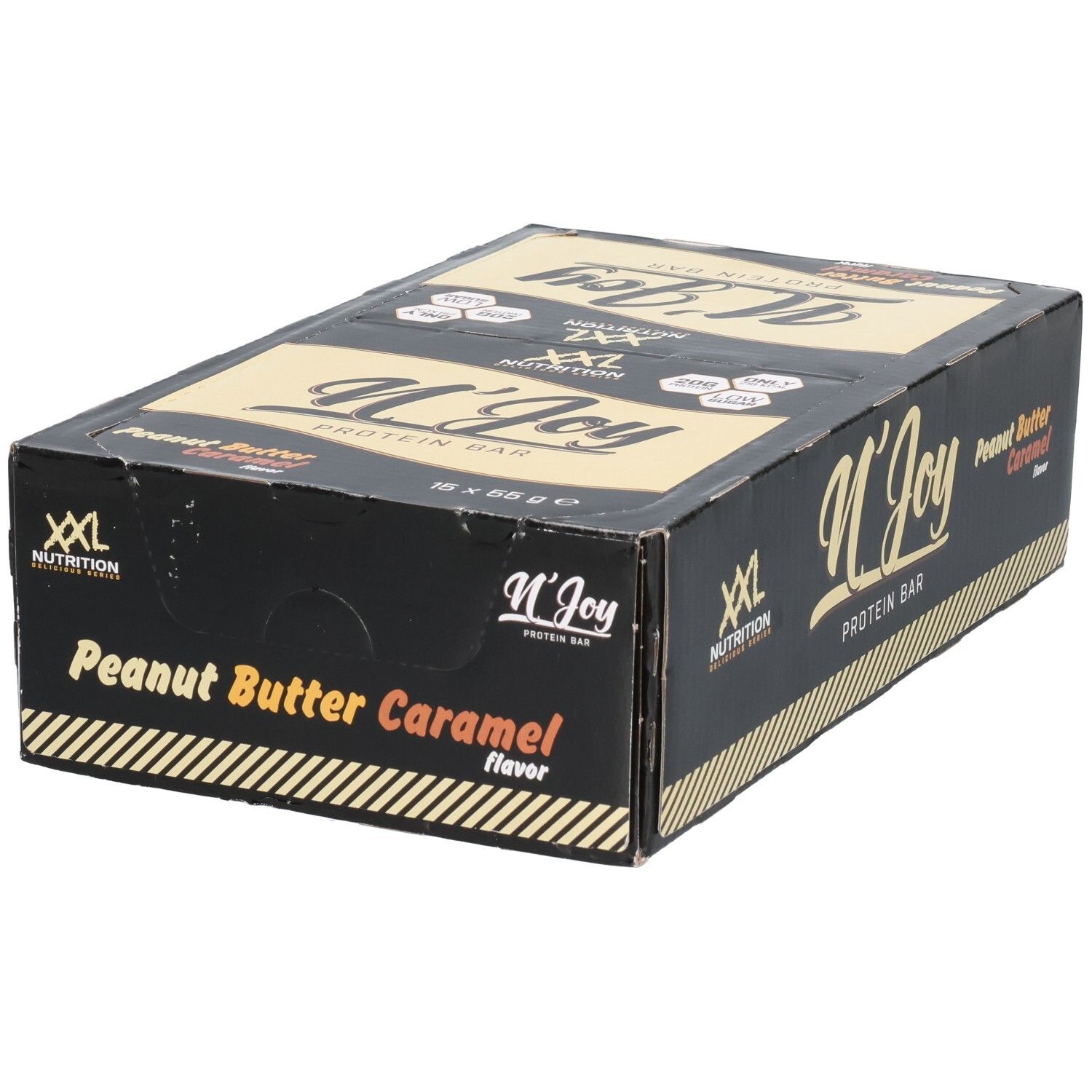 Schwarzer Karton mit XXL Nutrition N'Joy Protein Bar. Aufschrift: Peanut Butter Caramel. 15 Riegel.