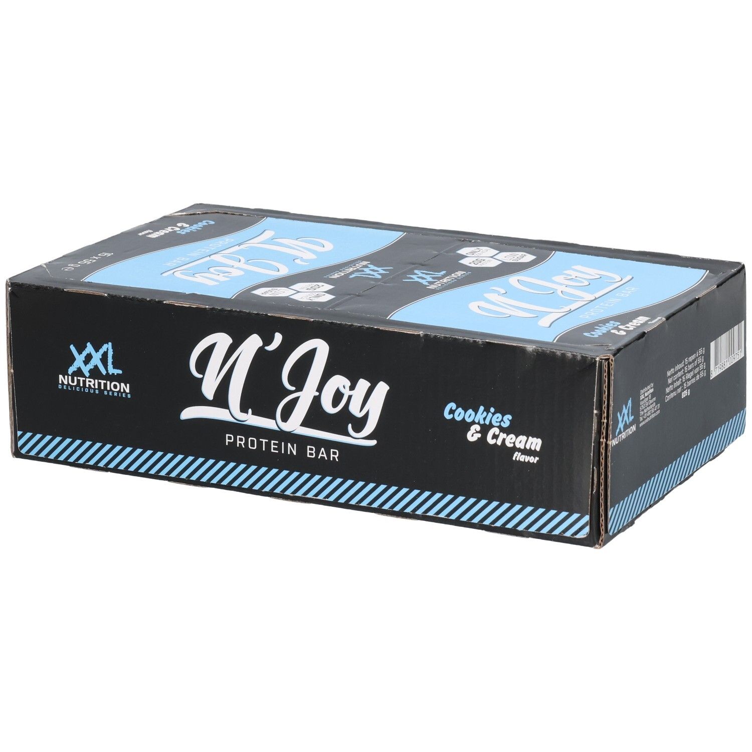 Karton mit Proteinriegeln. Aufschrift: XXL Nutrition, N'Joy Protein Bar Cookies & Cream. Blaue und weiße Akzente.