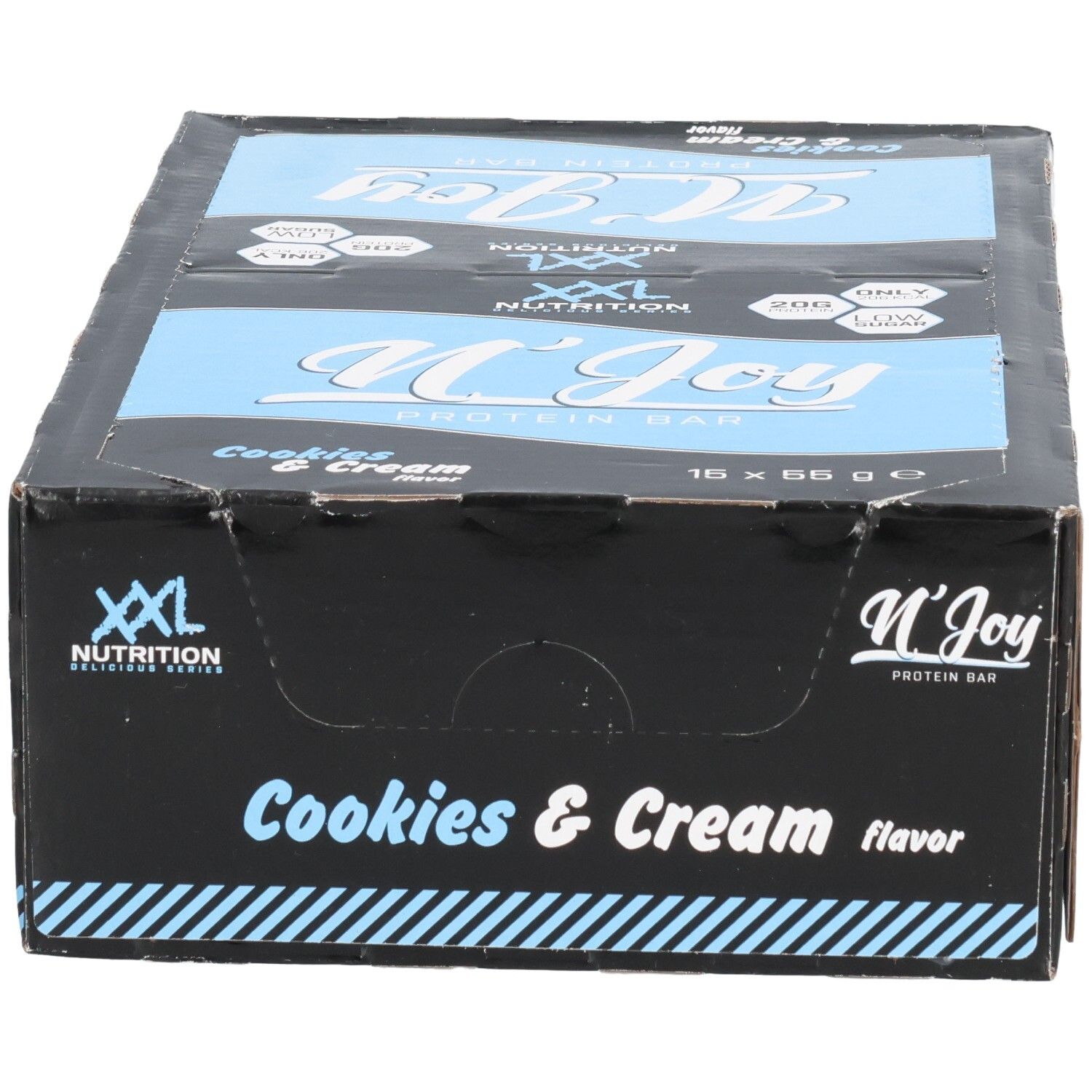 Karton mit Proteinriegeln. Aufschrift: XXL Nutrition, N'Joy Protein Bar Cookies & Cream. Blaue und weiße Akzente. 16 Riegel.