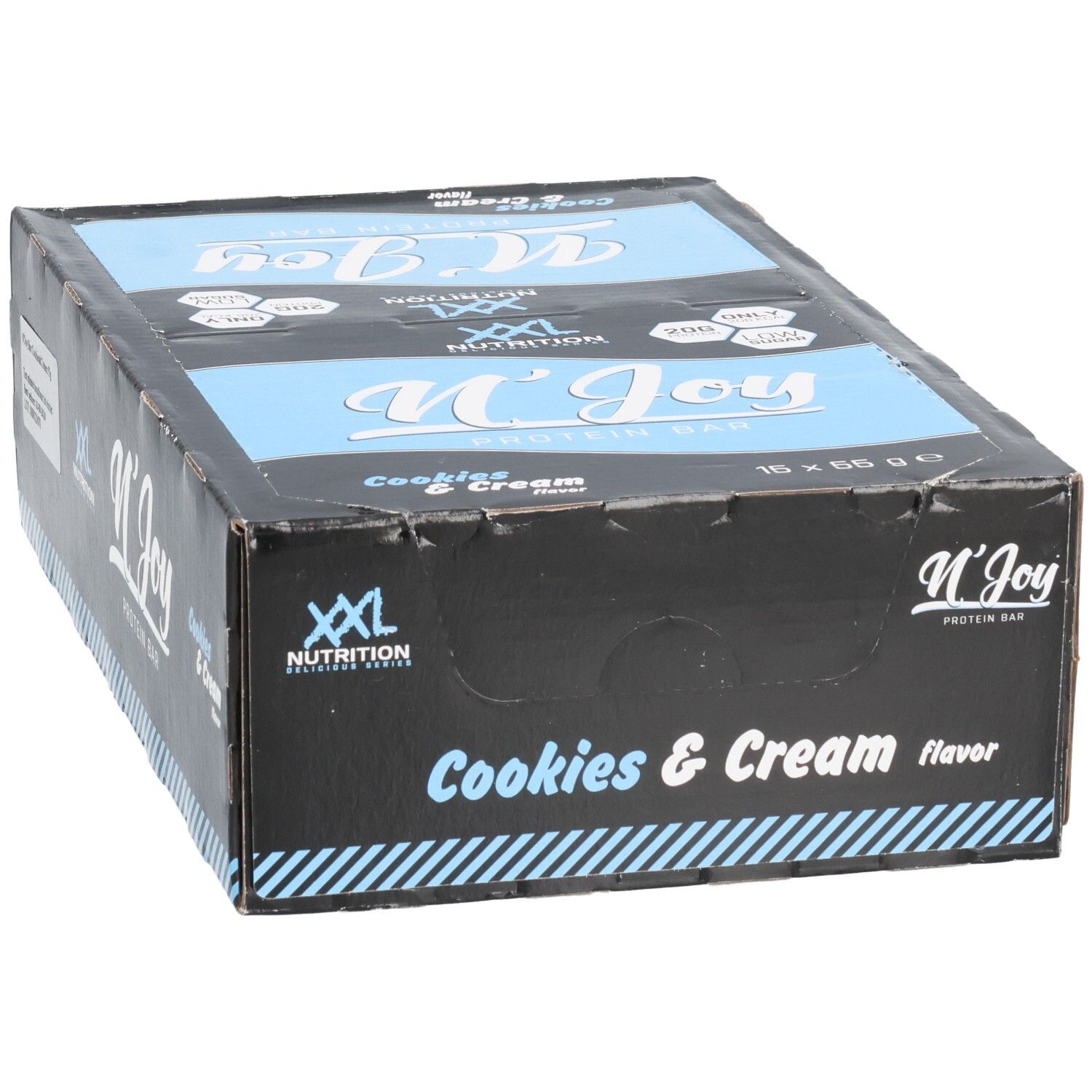 Karton mit Proteinriegeln. Aufschrift: XXL Nutrition, N'Joy Protein Bar Cookies & Cream. Blaue und weiße Akzente. 16 Riegel.