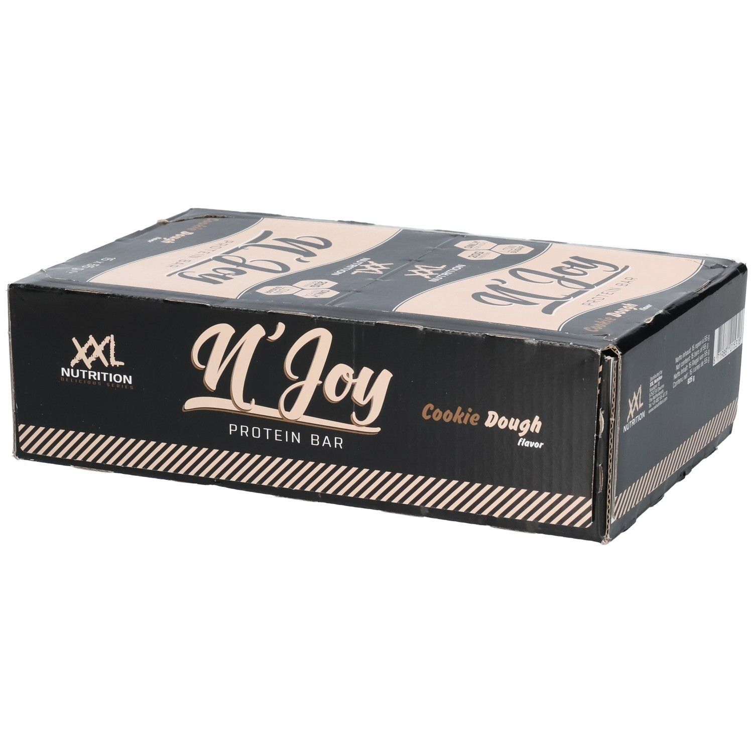 Schwarzer Karton mit Proteinriegeln. Aufschrift: N'Joy Protein Bar Cookie Dough. Marke: XXL Nutrition. 16 Riegel.